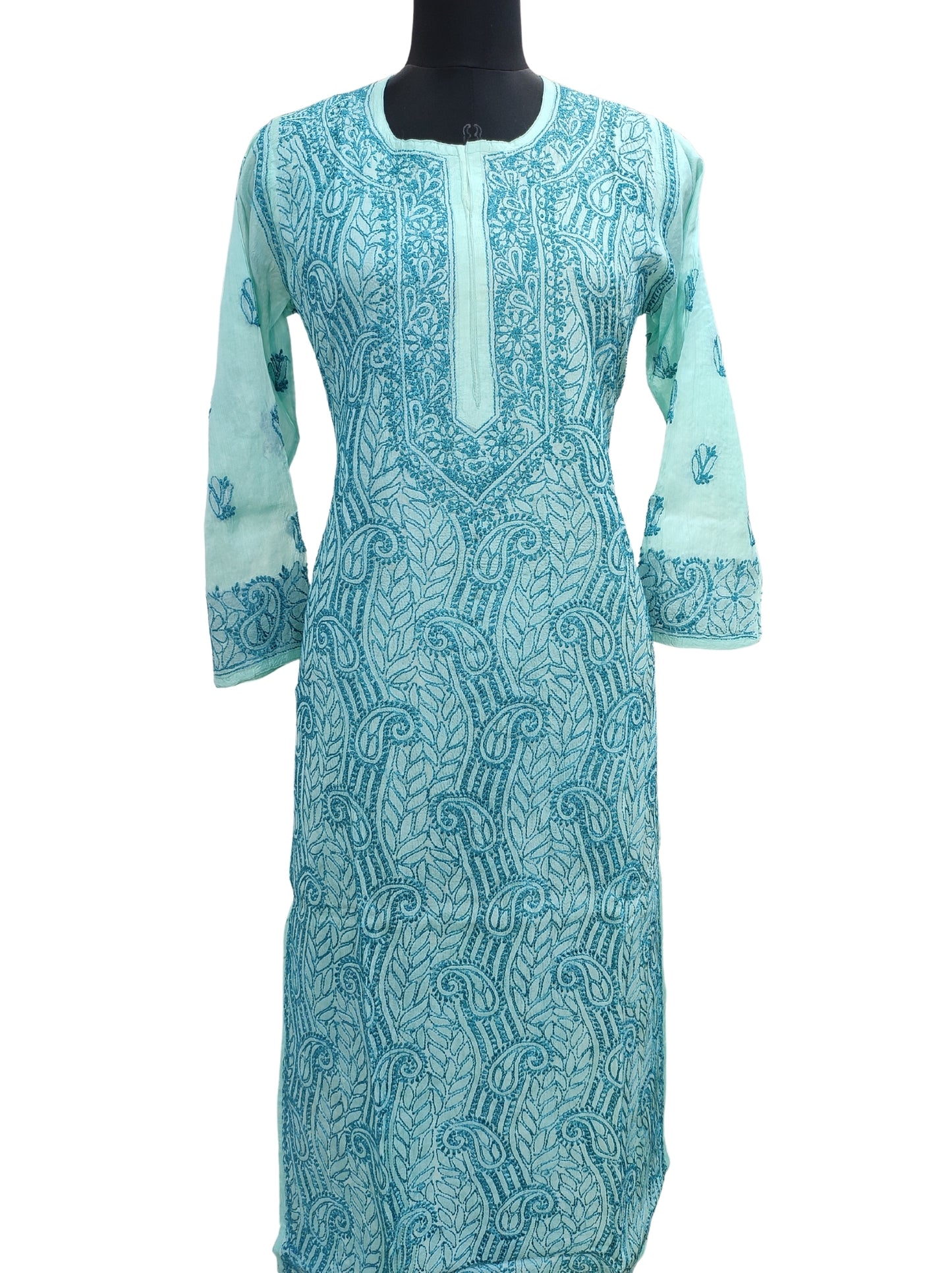 Shyamal Chikan Hand Embroidered Blue Pure Tusser Silk Lucknowi Chikankari Kurti- S12668