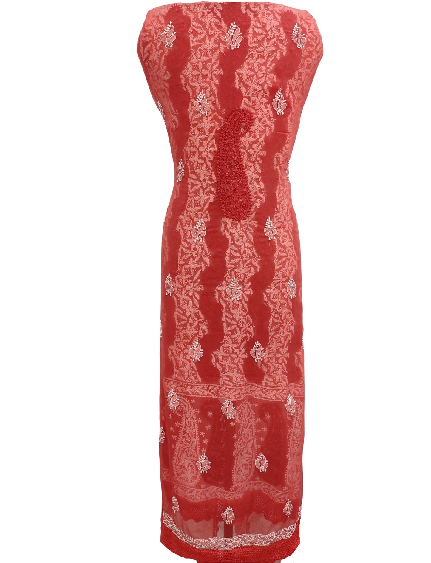 Shyamal Chikan Hand Embroidered Red Georgette Lucknowi Chikankari Unstitched Suit Piece With Crosia Work - S10741 - Shyamal Chikan