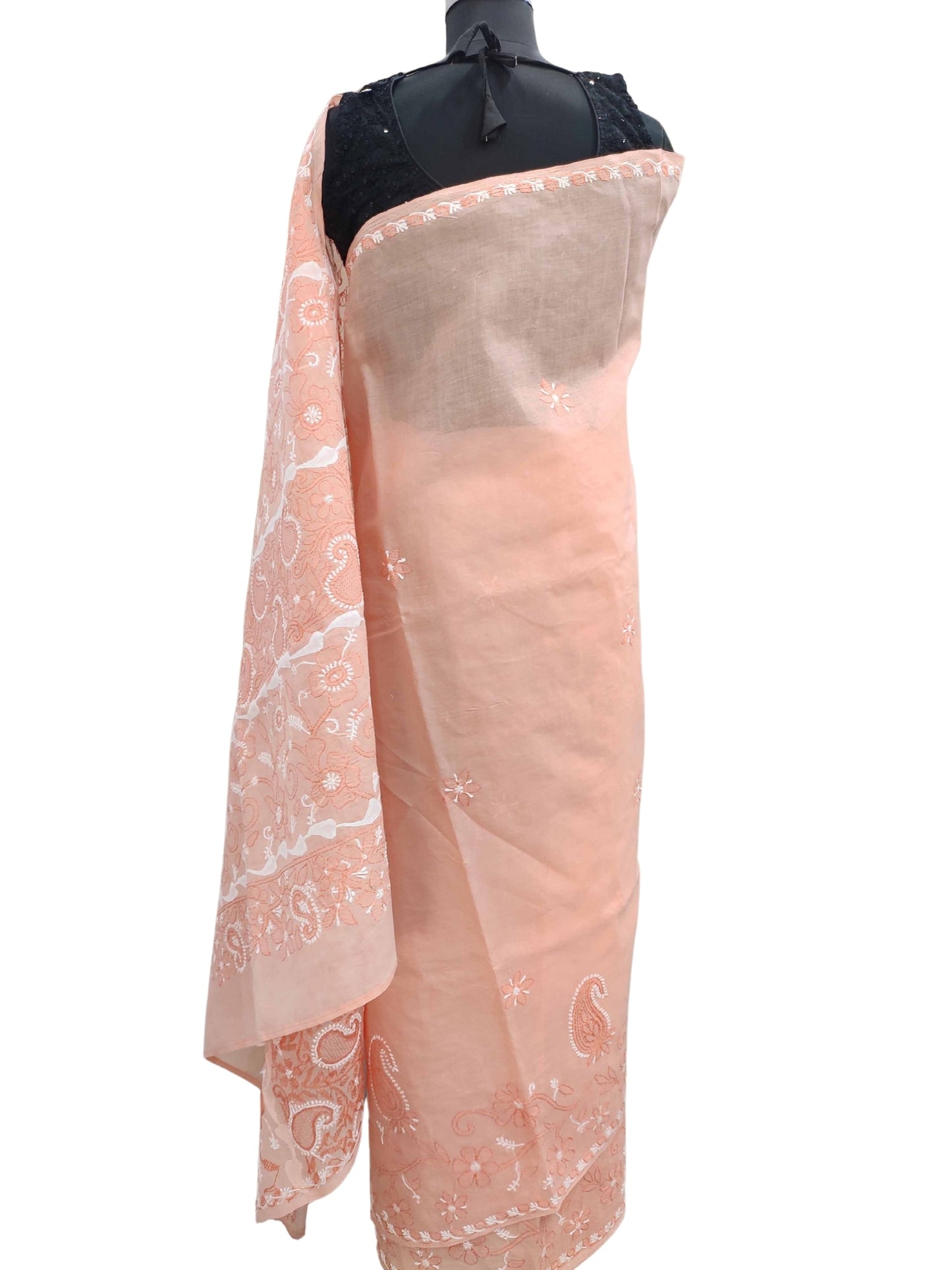Shyamal Chikan Hand Embroidered Peach Cotton Lucknowi Chikankari Saree With Blouse Piece And daraz Work- S12042