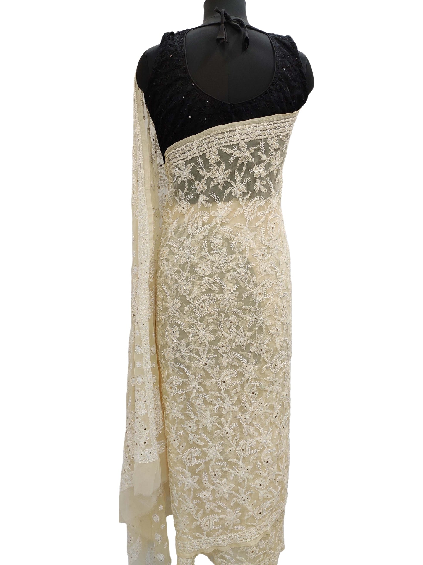 Shyamal Chikan Hand Embroidered Lemon Yellow High Quality Georgette Lucknowi Chikankari Full Jaal Saree With Blouse Piece And Mukaish Work - S10855