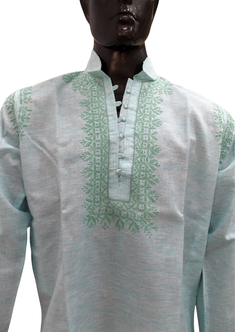 Shyamal Chikan Hand Embroidered Green Cotton Lucknowi Chikankari Men's Kurta – S1372