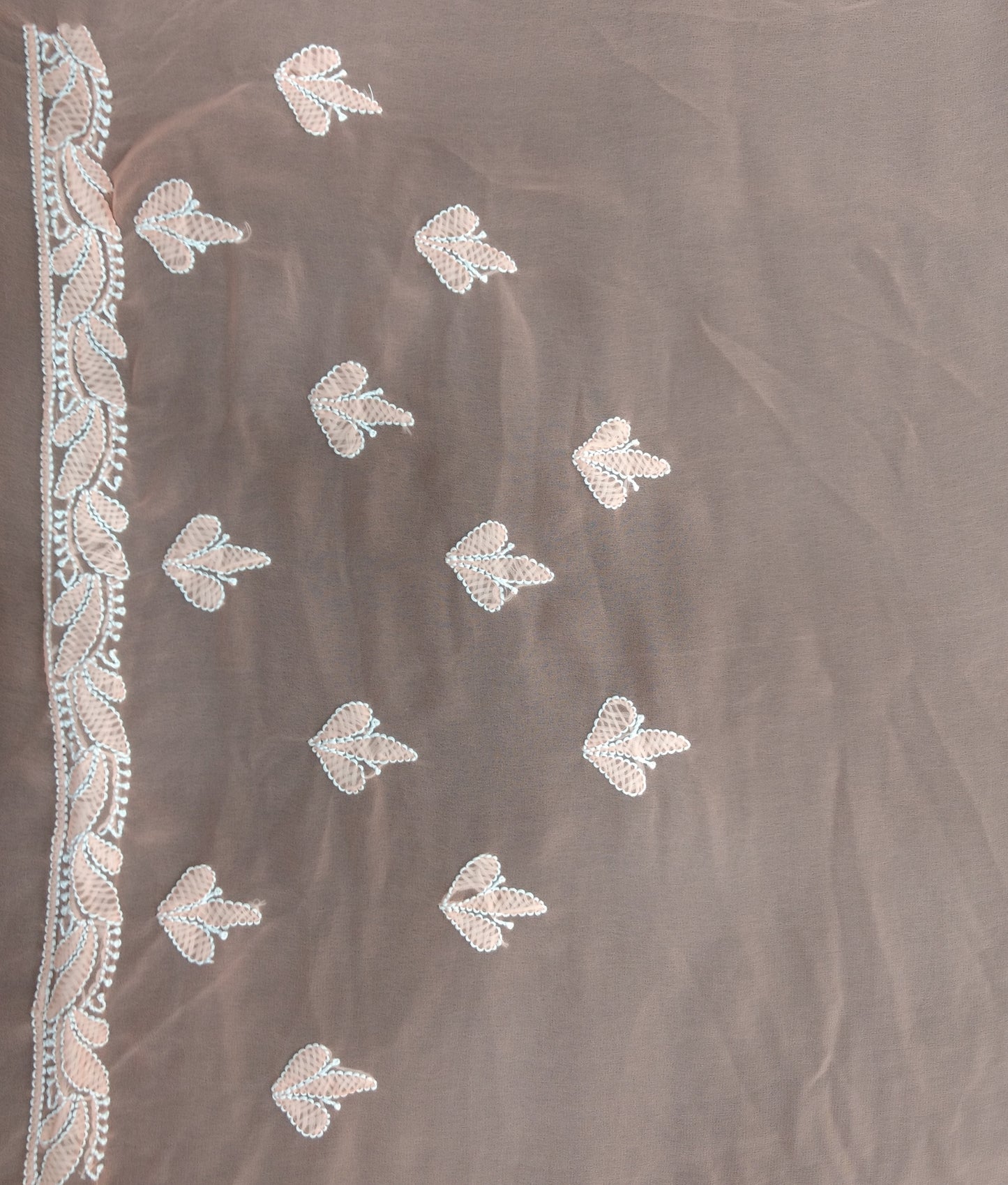 Shyamal Chikan Hand Embroidered Peach Georgette Lucknowi Chikankari Saree With Blouse Piece - S8273