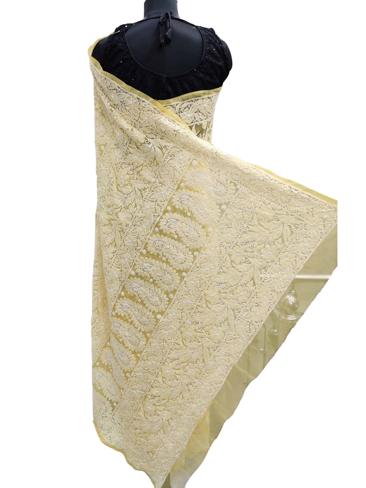 Shyamal Chikan Hand Embroidered Yellow Georgette Lucknowi Chikankari Full Jaal Saree With Blouse Piece - S11688