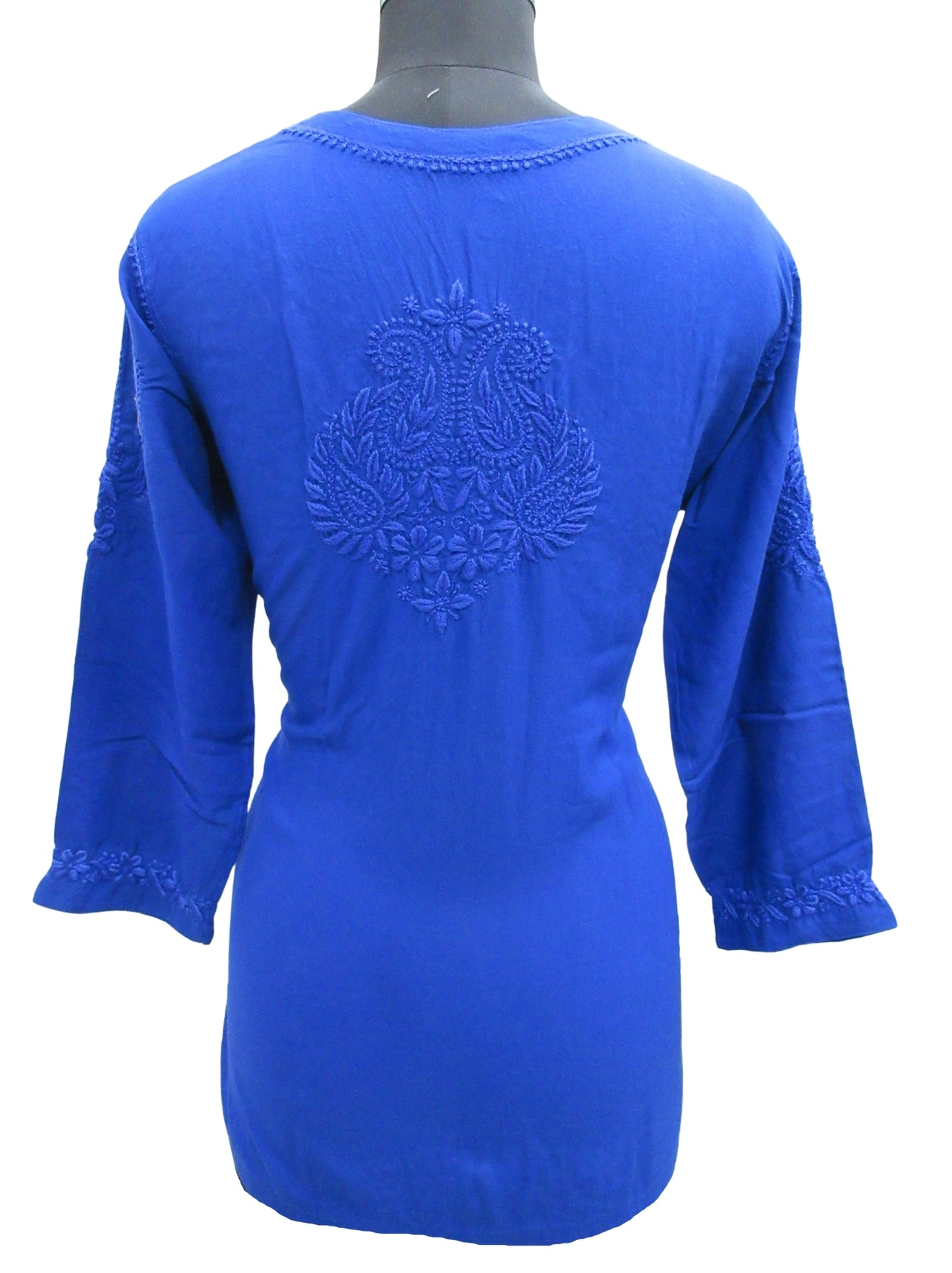 Shyamal Chikan Hand Embroidered Blue Rayon Cotton Lucknowi Chikankari Short Top- S5855