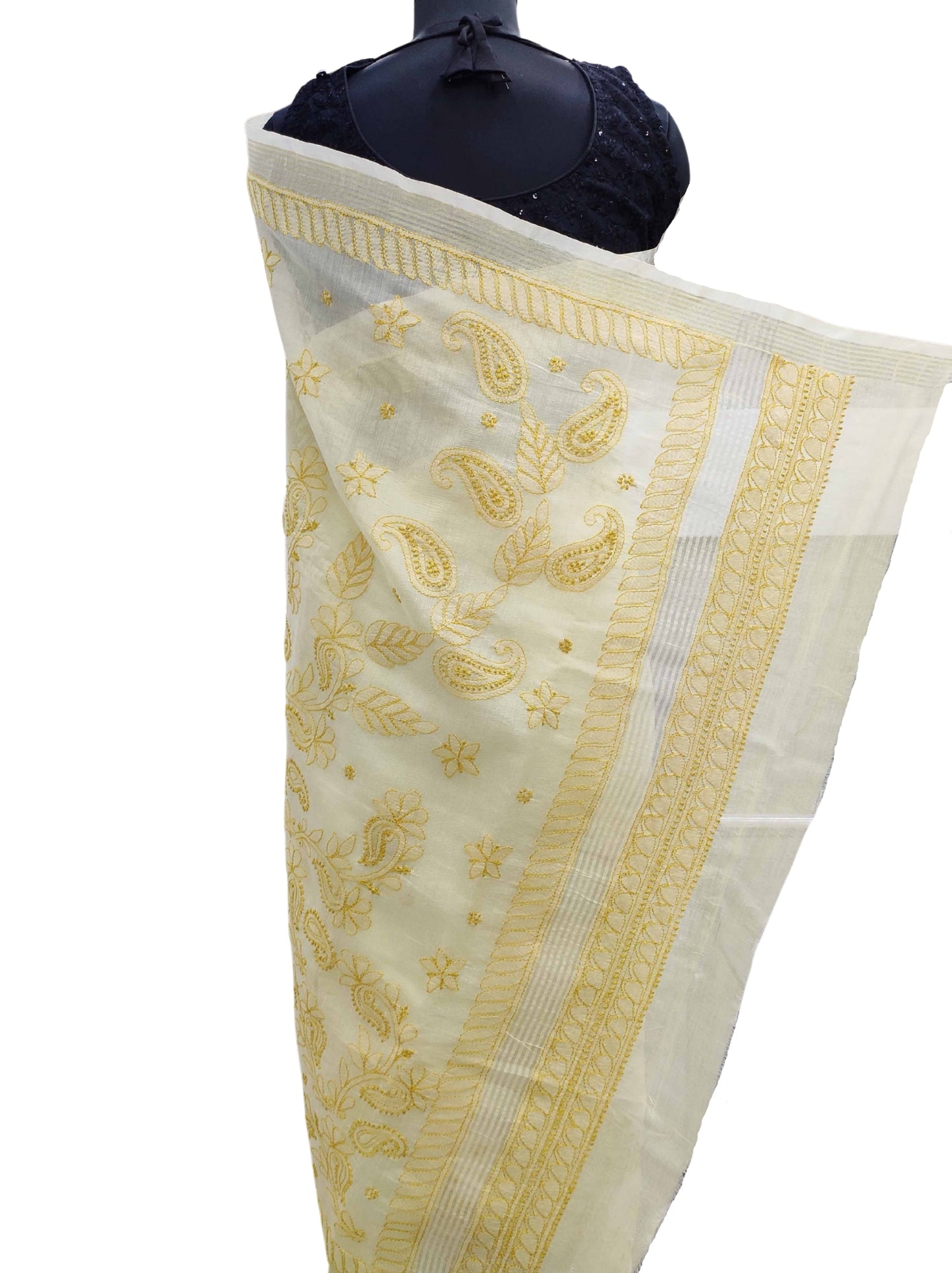 Shyamal Chikan Hand Embroidered Yellow Chanderi Lucknowi Chikankari Skirt Saree With Blouse Piece - S11934