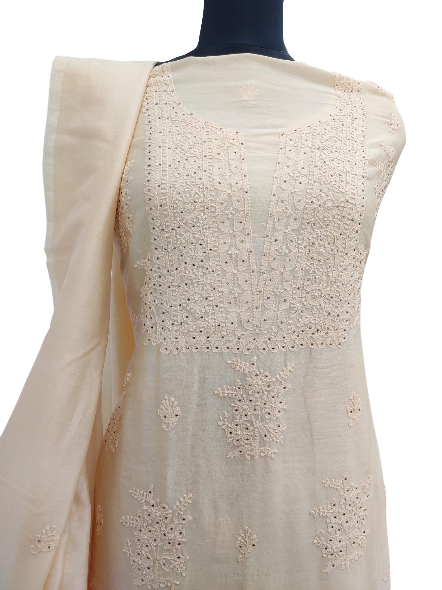 Shyamal Chikan Hand Embroidered Yellow Chanderi Silk Lucknowi Chikankari Unstitched Suit Piece ( Set of 2 ) With Mukaish Work - S9014 - Shyamal Chikan