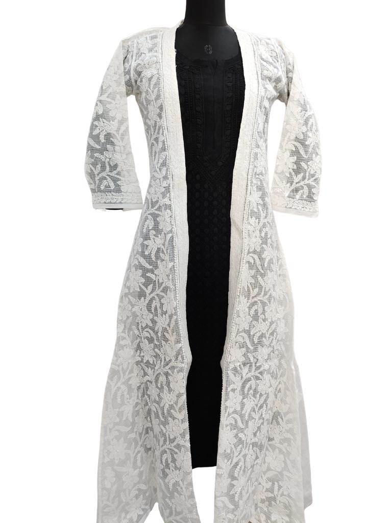 Shyamal Chikan Hand Embroidered White Kota Doria Lucknowi Chikankari Shrug - S14391
