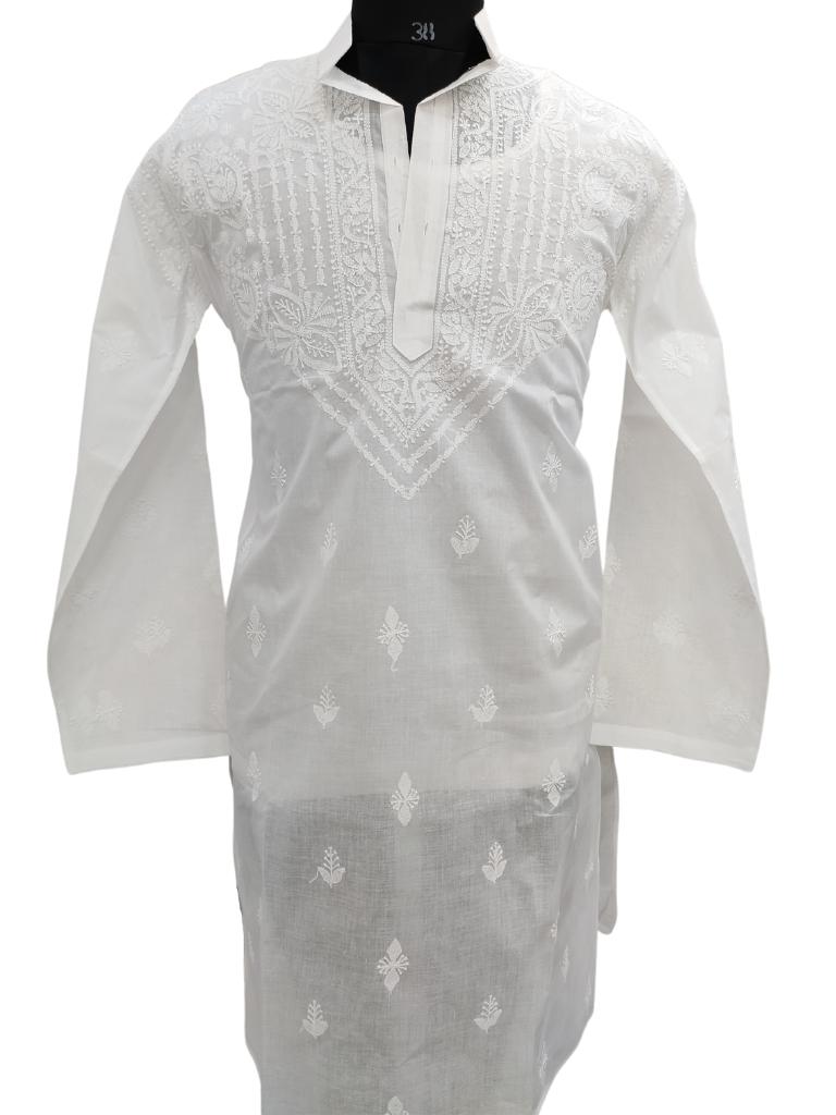 Shyamal Chikan Hand Embroidered White Cotton Lucknowi Chikankari Men's Kurta – S15519