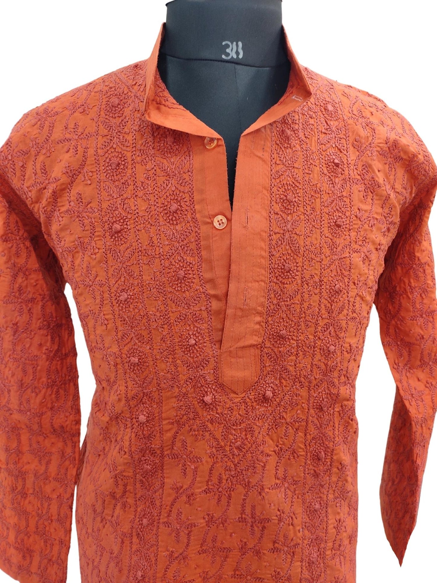 Shyamal Chikan Hand Embroidered Orange Cotton Lucknowi Chikankari All-Over Men's Kurta – S13131
