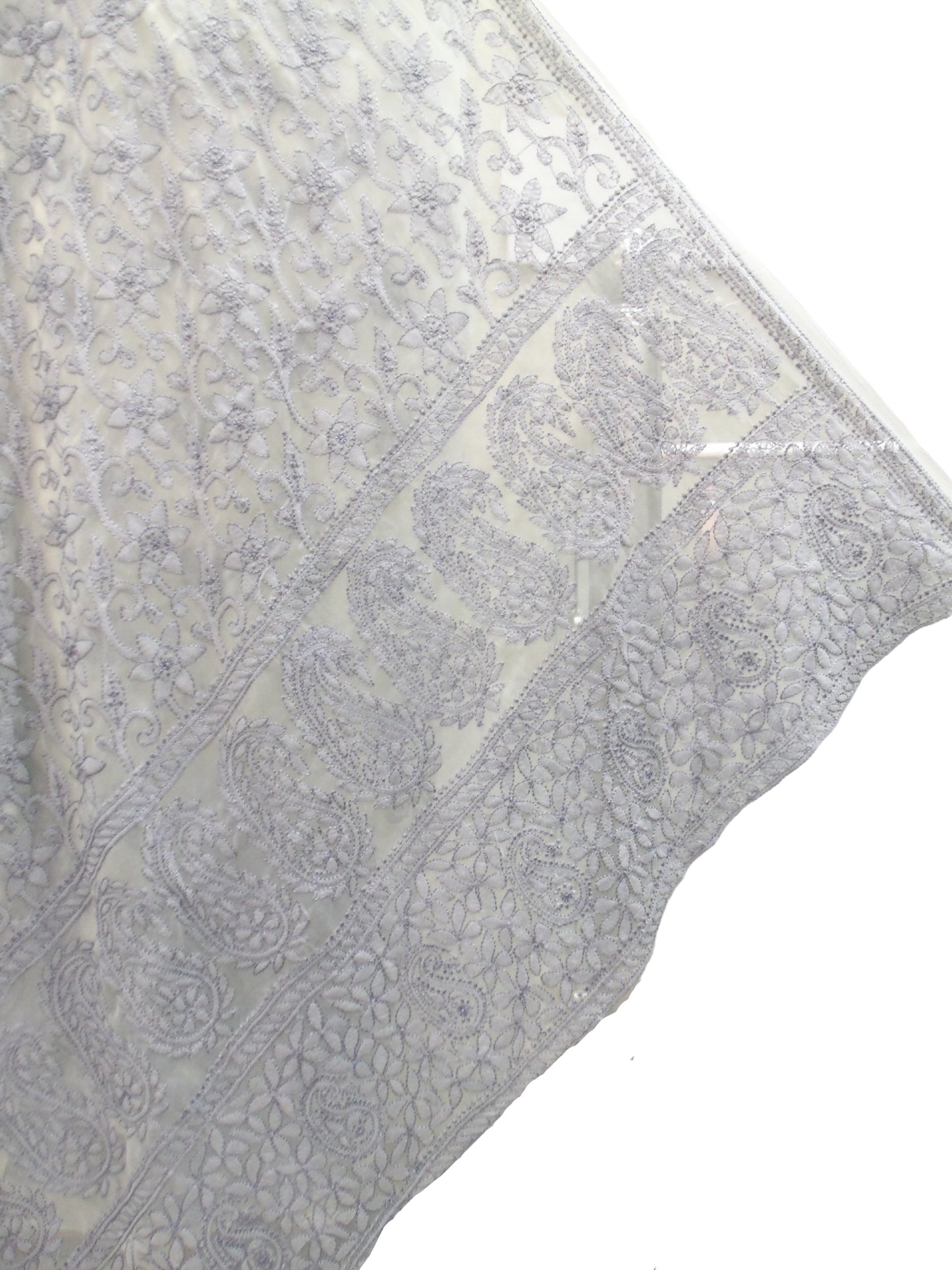 Shyamal Chikan Hand Embroidered White Georgette Lucknowi Chikankari Skirt Saree With Blouse Piece- S500