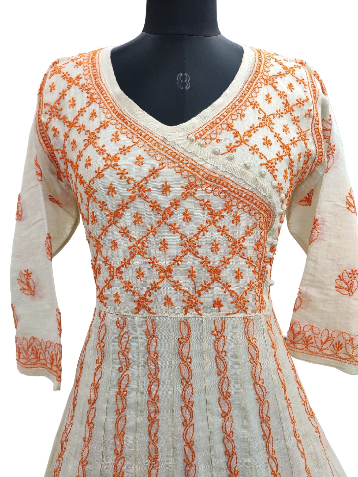Shyamal Chikan Hand Embroidered Beige Chanderi Lucknowi Chikankari Angrakha Anarkali - S9728