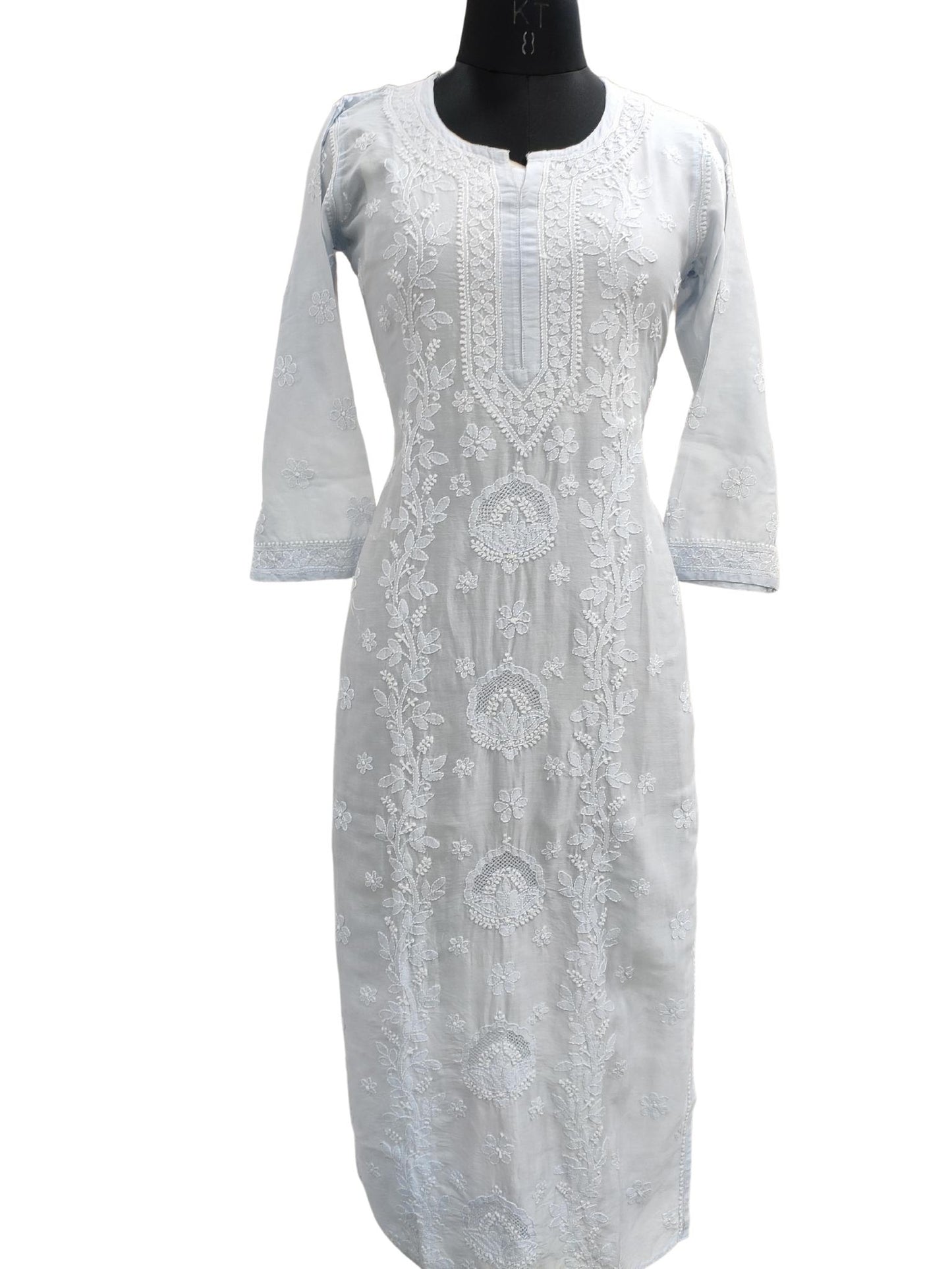Shyamal Chikan Hand Embroidered Powder Blue Chanderi Silk Lucknowi Chikankari Kurti - S19755