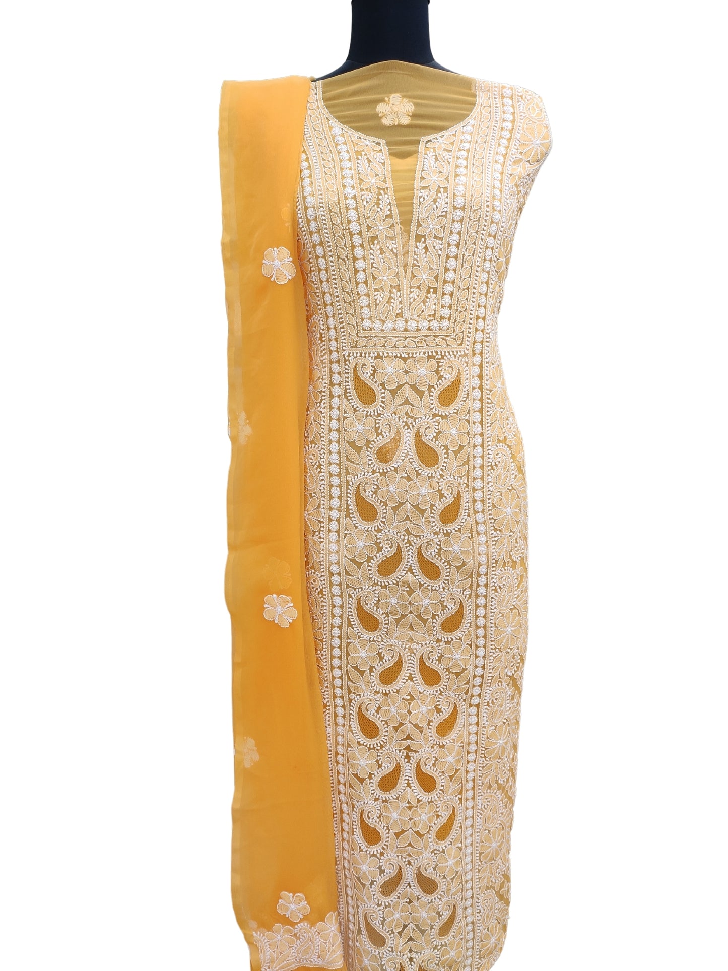 Shyamal Chikan Hand Embroidered Orange Georgette Lucknowi Chikankari Unstitched Suit Piece With Jaali Work - S12378