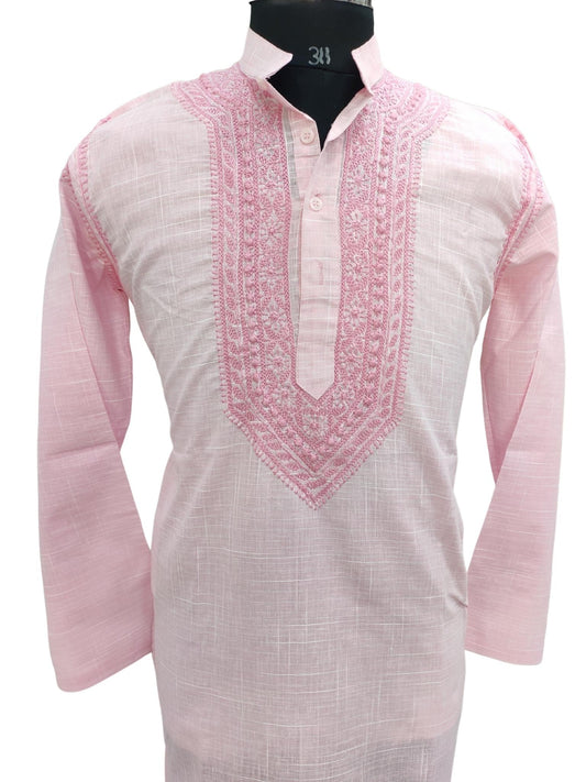 ShyamaChikan Hand Embroidered Pink Cotton Lucknowi Chikankari Men's Kurta –S18467