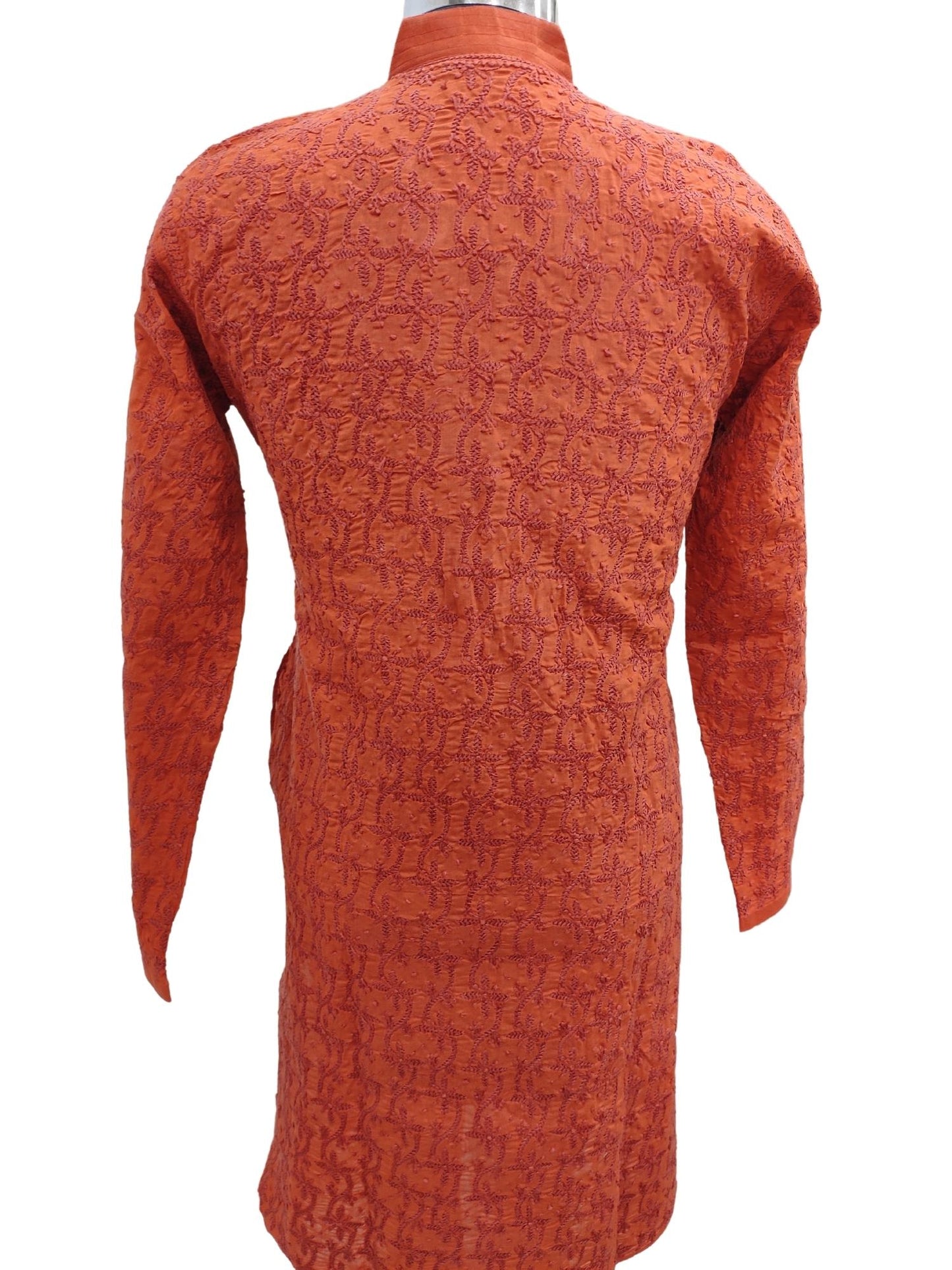 Shyamal Chikan Hand Embroidered Orange Cotton Lucknowi Chikankari All-Over Men's Kurta – S13131