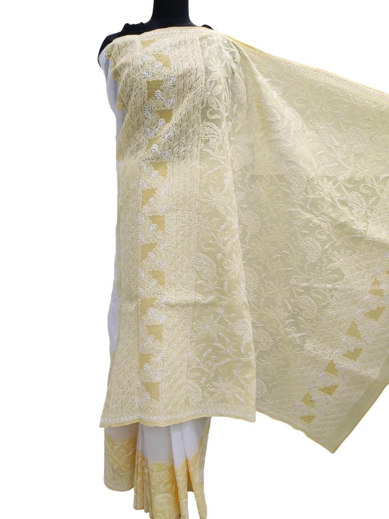Shyamal Chikan Hand Embroidered White Cotton Lucknowi Chikankari Saree With Blouse Piece And daraz Work- S14478