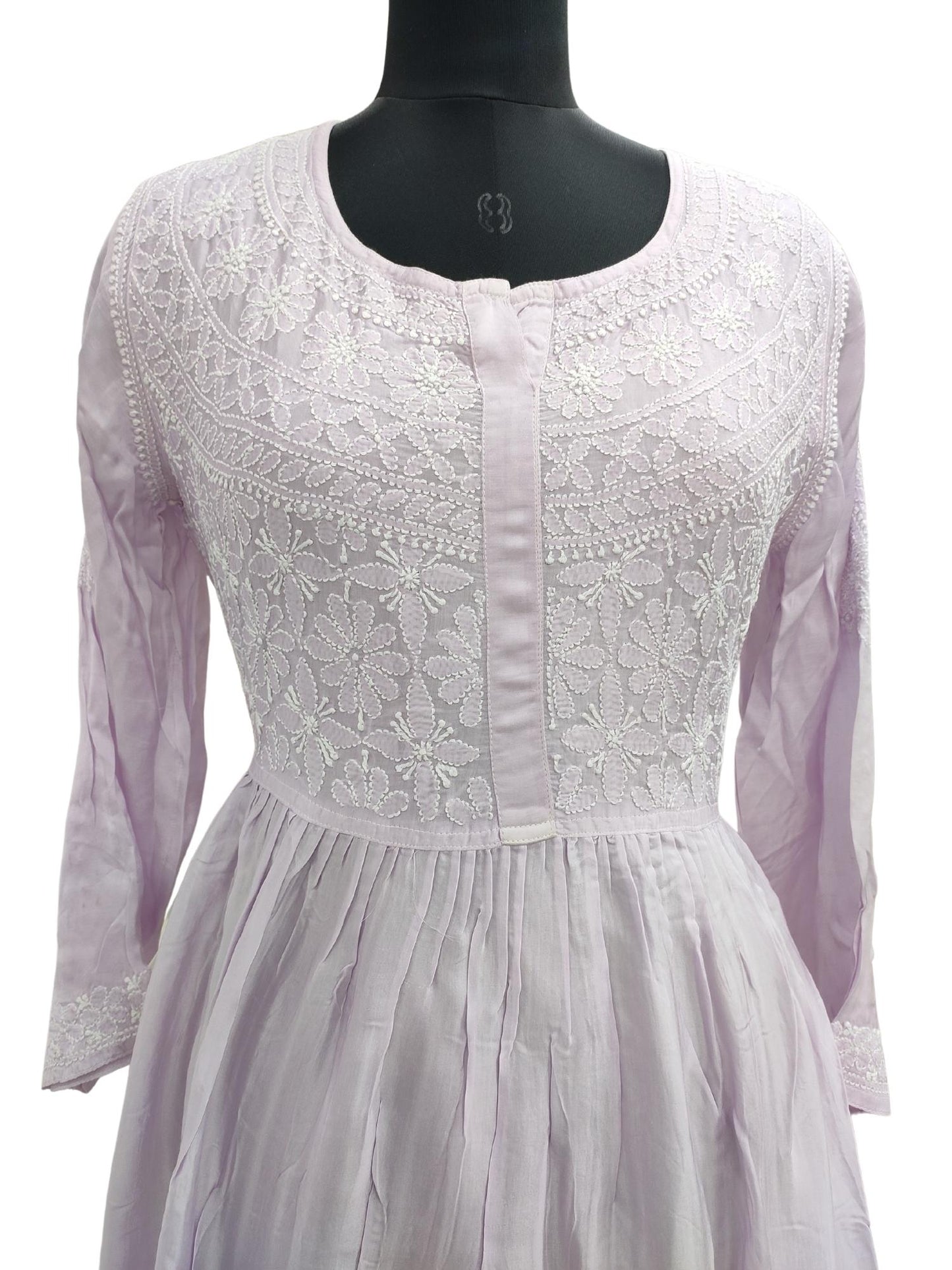 Shyamal Chikan Hand Embroidered Lavendar Modal Silk Lucknowi Chikankari Gown Kurti - S13473