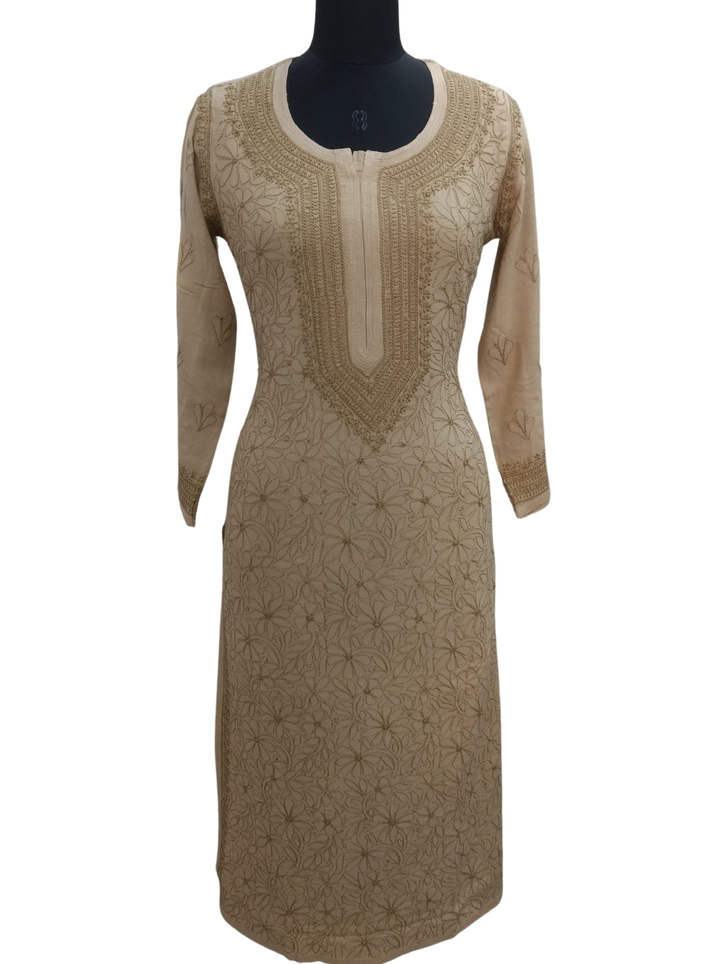 Shyamal Chikan Hand Embroidered Beige Rayon Cotton Lucknowi Chikankari Kurti- S6626