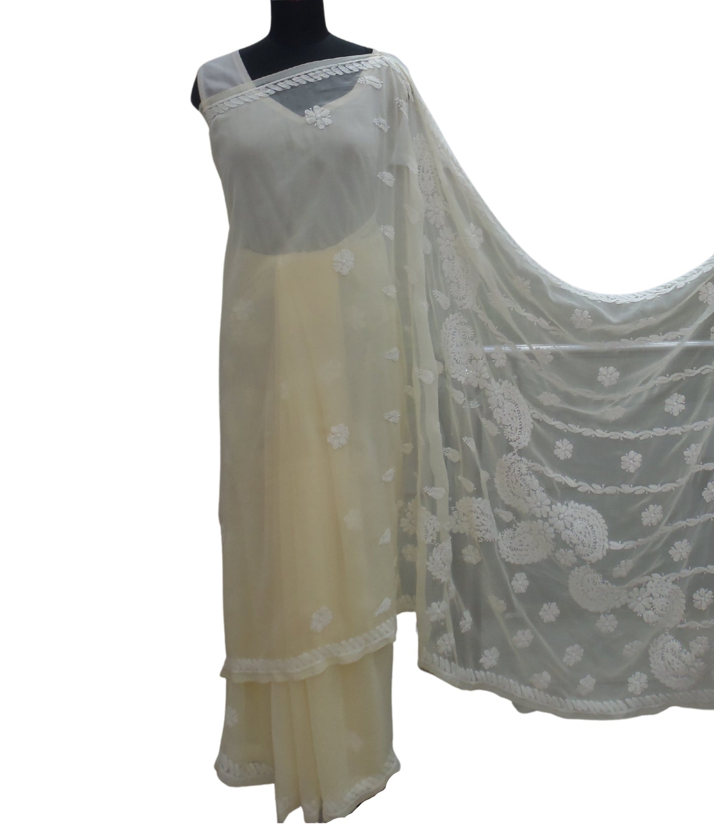 Shyamal Chikan Hand Embroidered Lemon Georgette Lucknowi Chikankari Saree With Blouse Piece - S4215