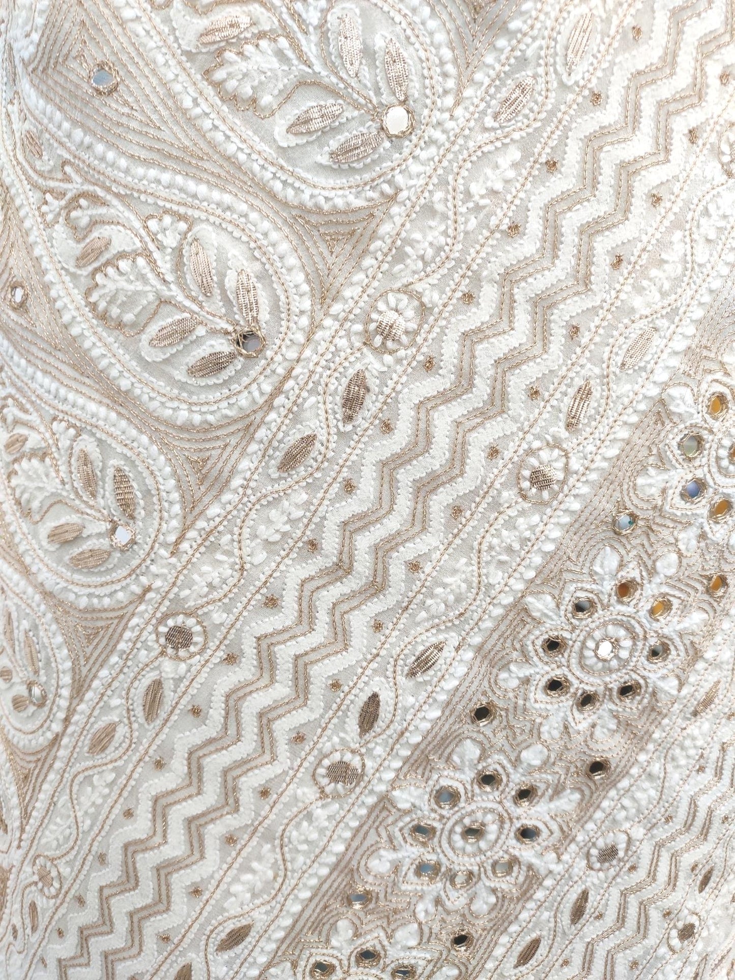 Shyamal Chikan Hand Embroidered White Pure Georgette Lucknowi Chikankari Saree With Blouse Piece, Gotta Patti and Mirror Work - S13585