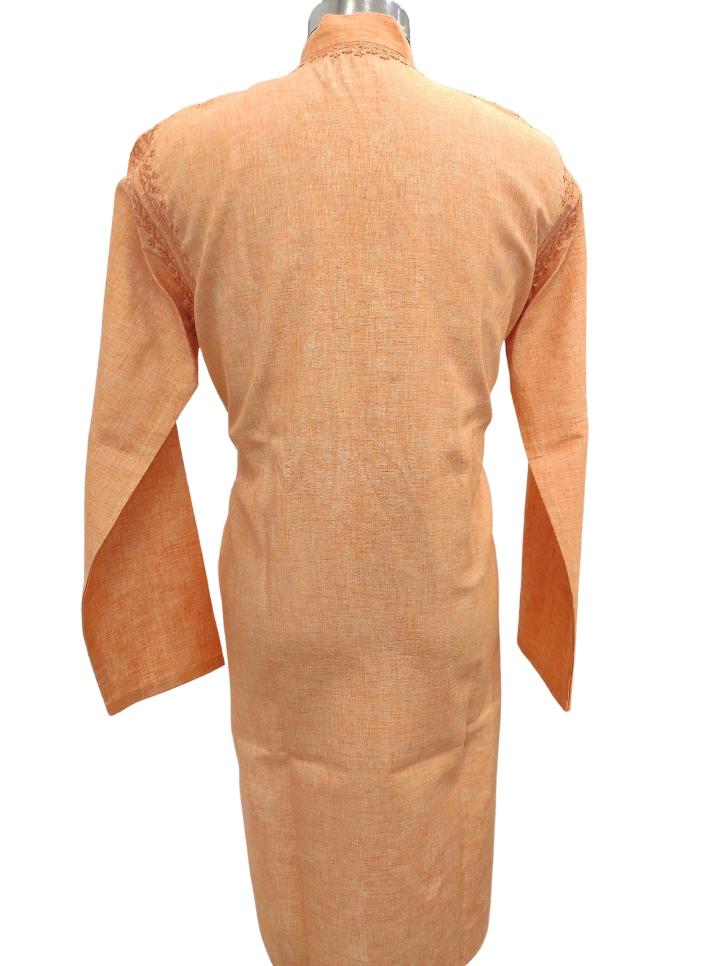 Shyamal Chikan Hand Embroidered Peach Cotton Lucknowi Chikankari Men's Kurta – S11839