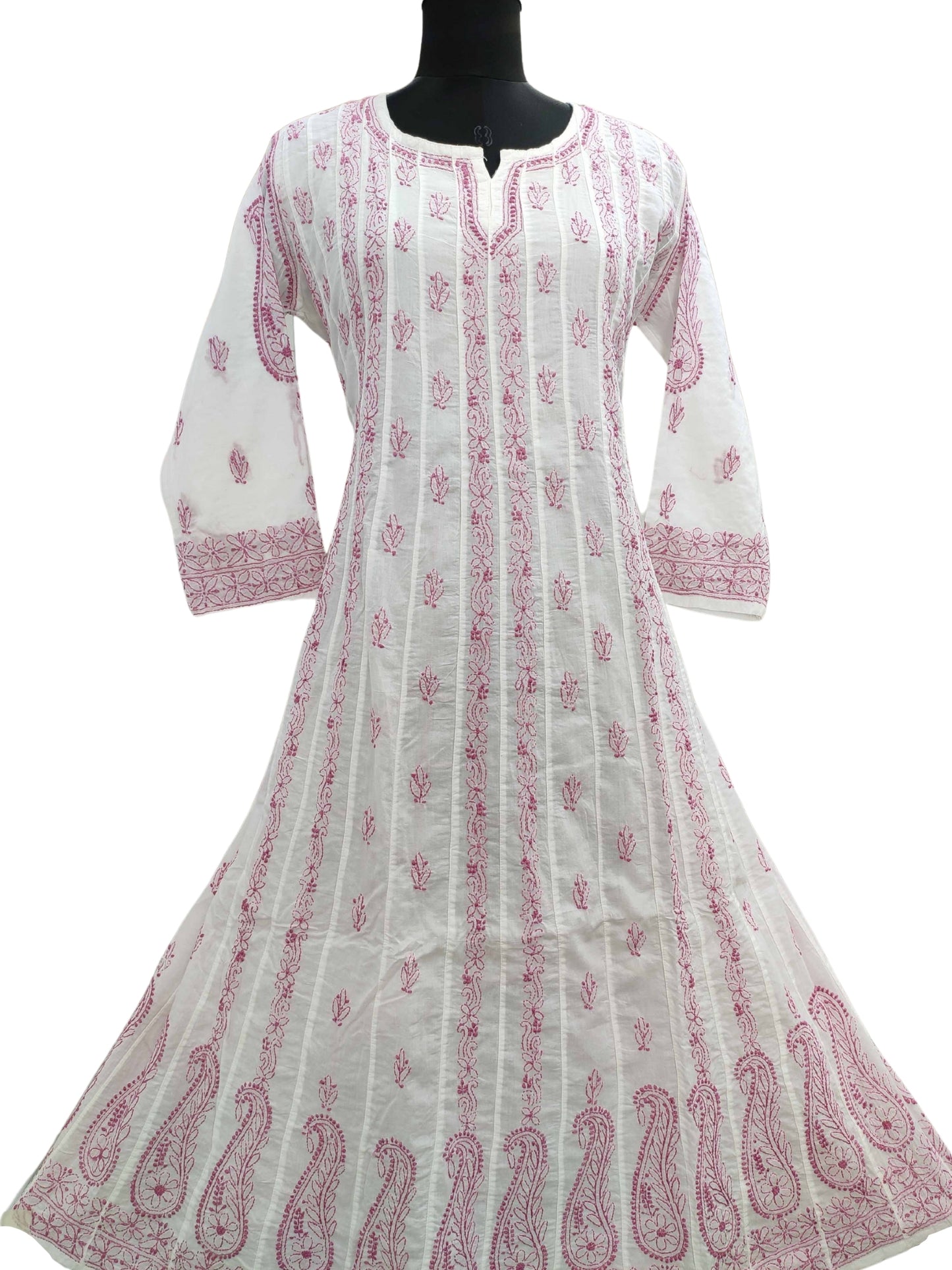 Shyamal Chikan Hand Embroidered White Pure Cotton Lucknowi Chikankari Anarkali - S11542