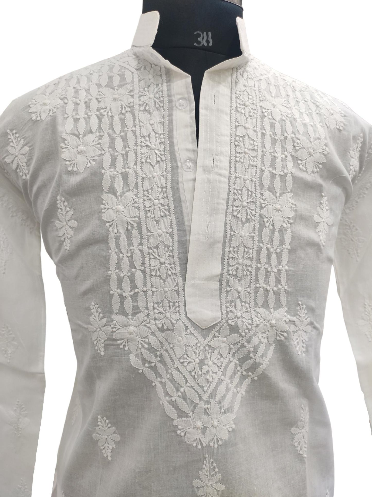 Shyamal Chikan Hand Embroidered White Cotton Lucknowi Chikankari Men's Kurta – S13095