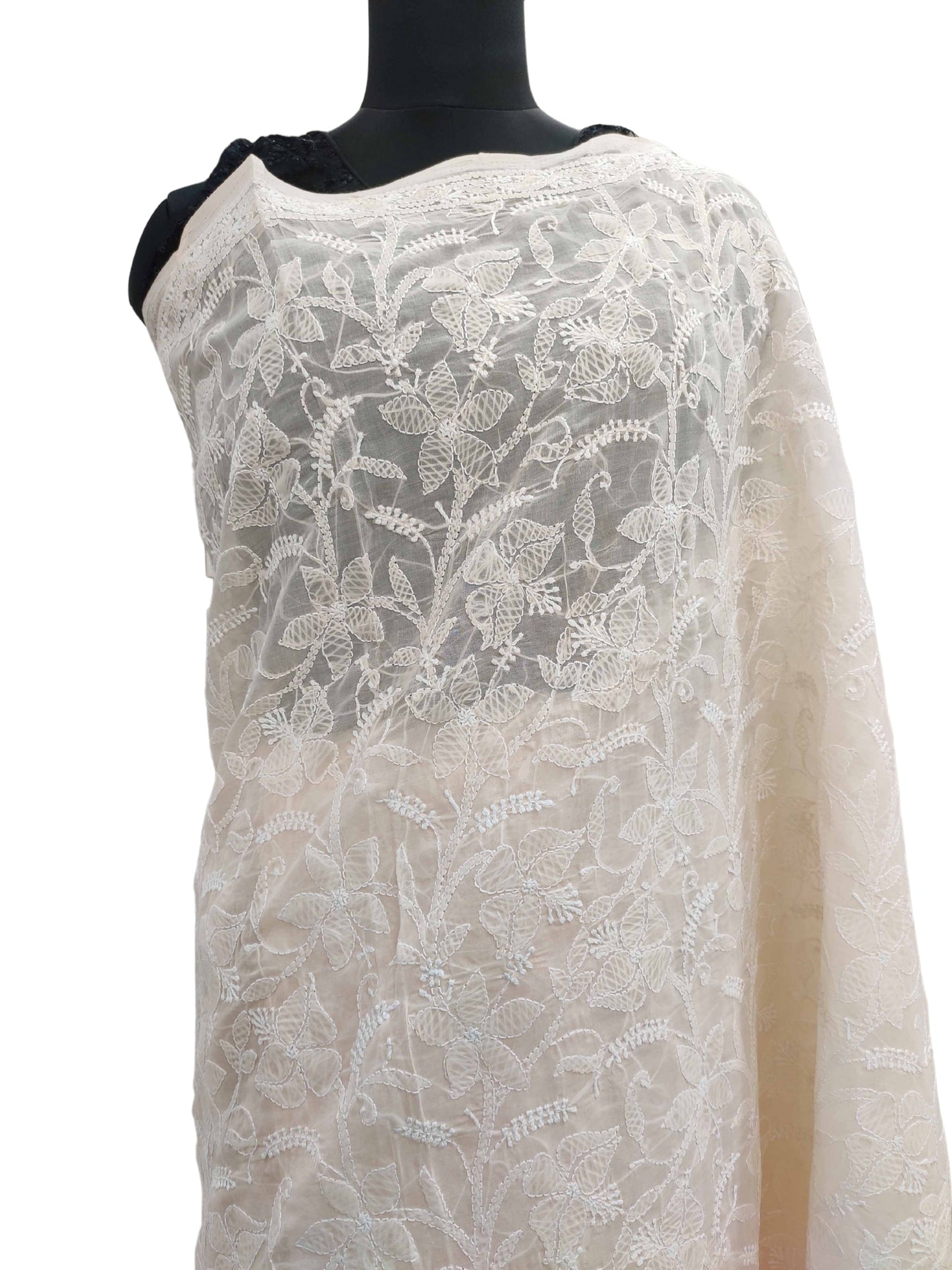 Shyamal Chikan Hand Embroidered Peach Cotton Lucknowi Chikankari Full Jaal Saree With Blouse Piece- S12032