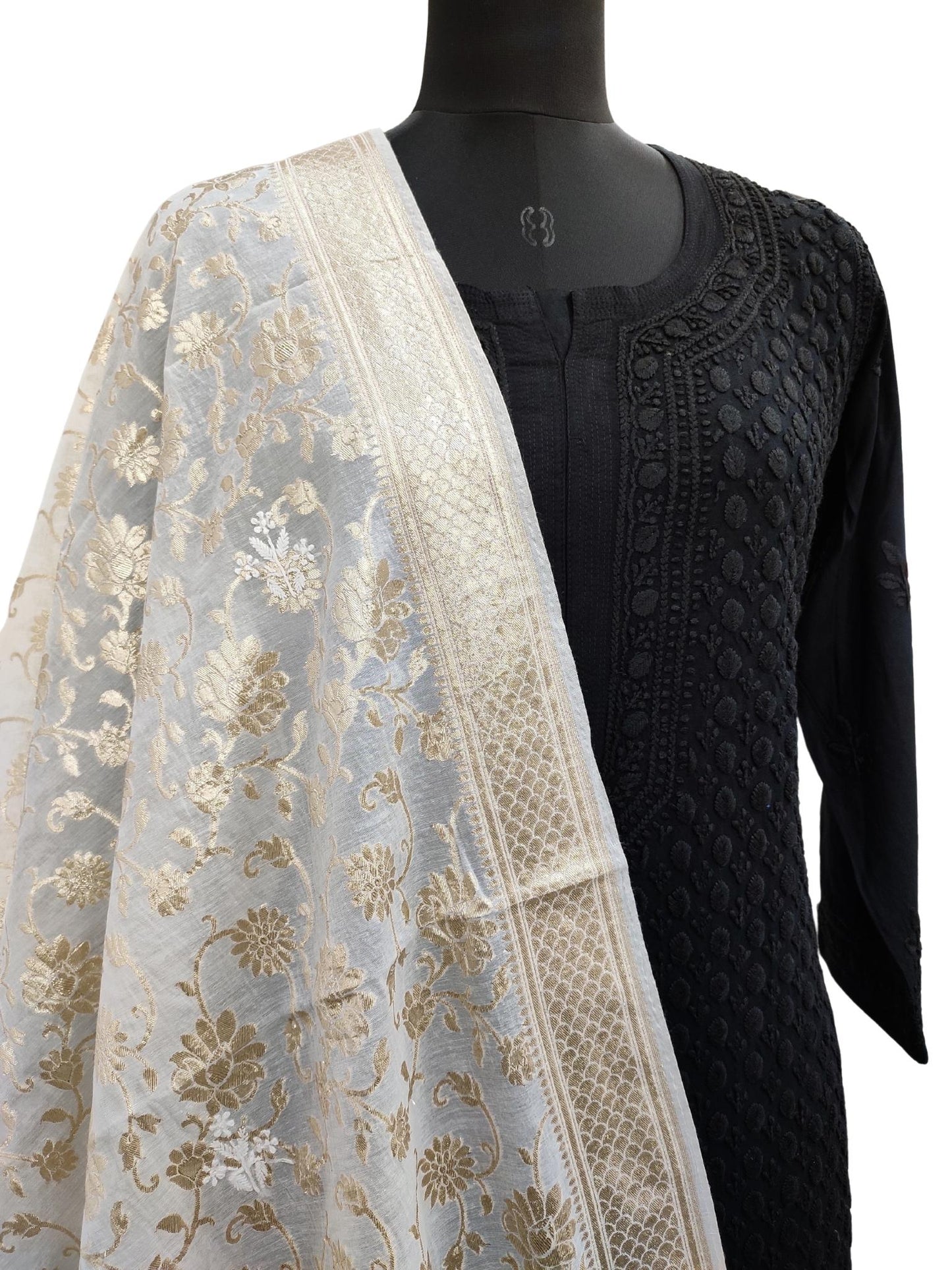 Shyamal Chikan Hand Embroidered Ivory Chanderi Silk Lucknowi Chikankari Dupatta - S15643