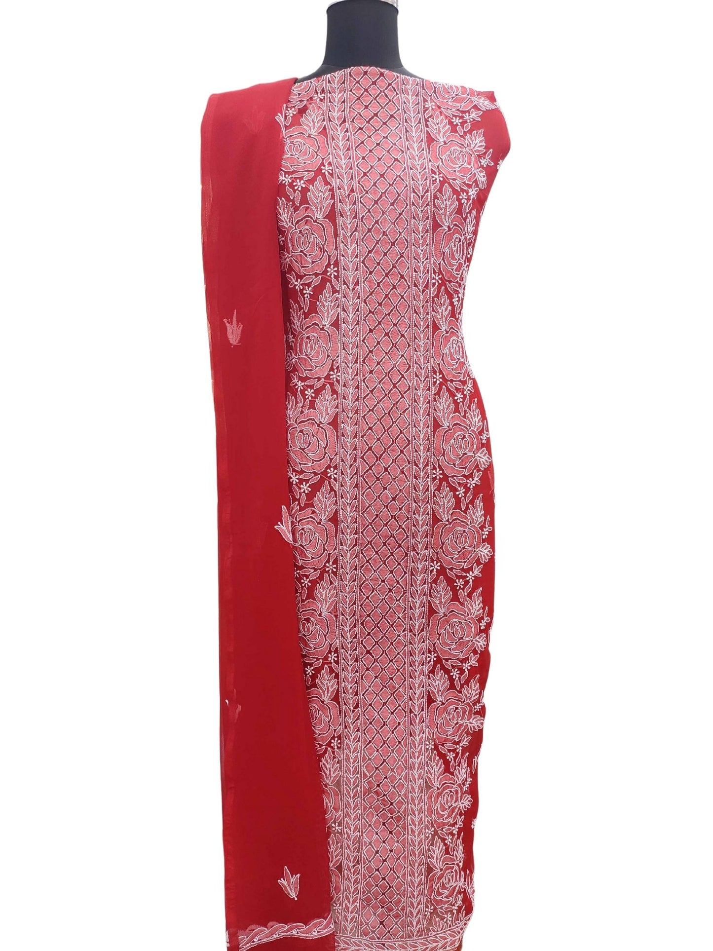 Shyamal Chikan Hand Embroidered Red Georgette Lucknowi Chikankari Unstitched Suit Piece- S11581