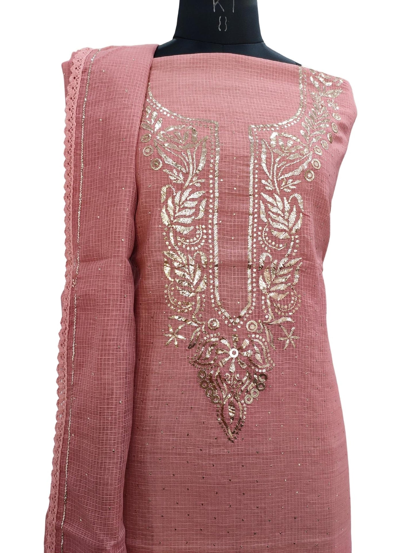 Shyamal Chikan Hand Embroidered Dark Pink Kota Cotton Lucknowi Unstitched Suit Piece With Mukaish Work - S16578