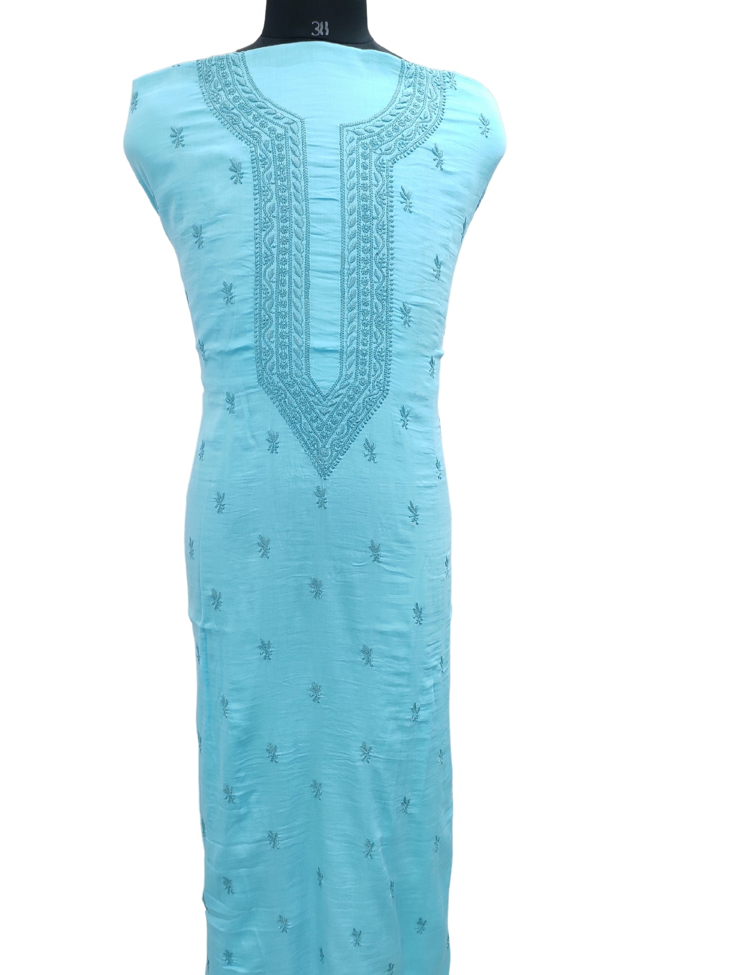 Shyamal Chikan Hand Embroidered Blue Zam Silk Lucknowi Chikankari Unstitched Men's Kurta Piece – S12371