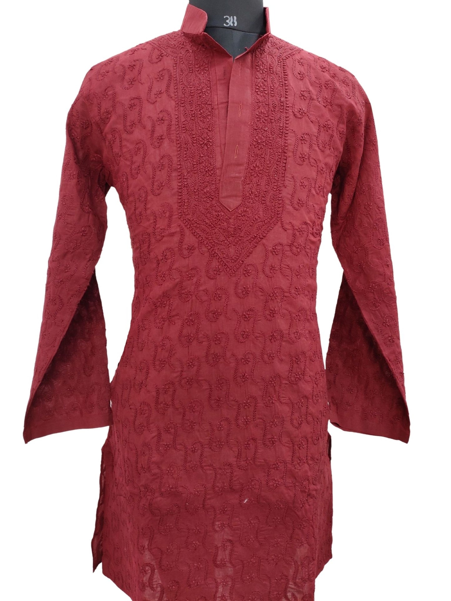 Shyamal Chikan Hand Embroidered Maroon Cotton Lucknowi Chikankari All-Over Men's Kurta – S1690