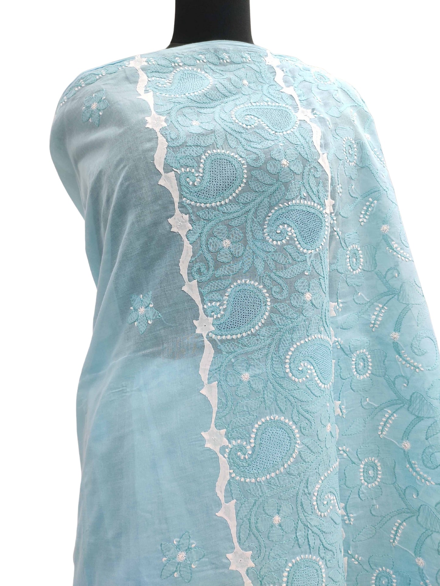 Shyamal Chikan Hand Embroidered Blue Cotton Lucknowi Chikankari Saree With Blouse Piece And daraz Work- S11942