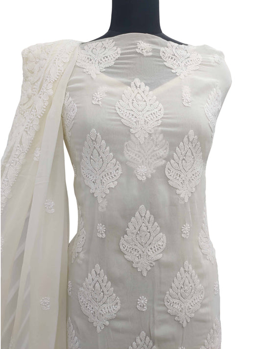 Shyamal Chikan Hand Embroidered Light Lemon High Quality Georgette Lucknowi Chikankari Unstitched Suit Piece With Four Side Border Dupatta - S11412