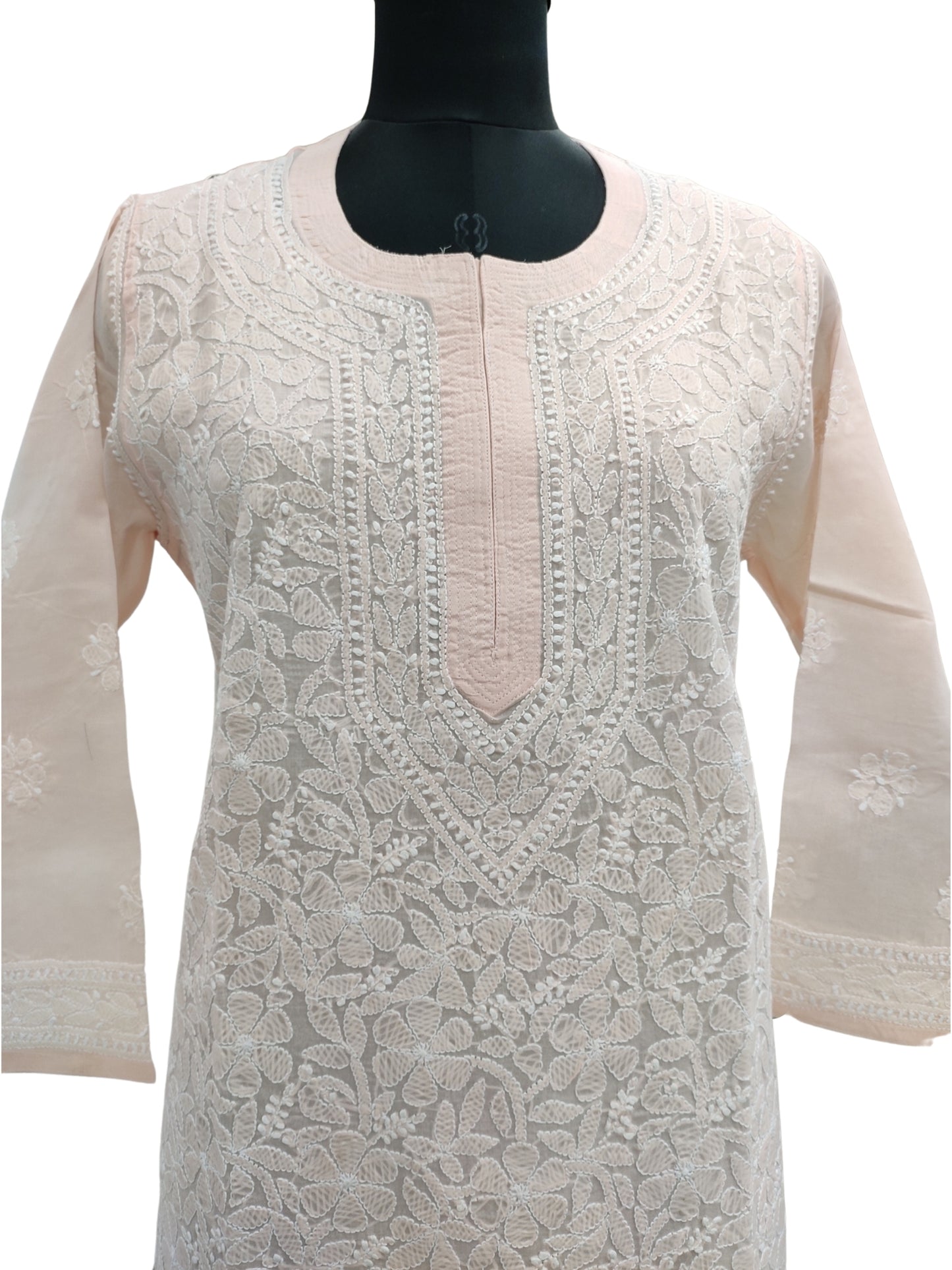 Shyamal Chikan Hand Embroidered Peach Cotton Lucknowi Chikankari Kurti- S7036