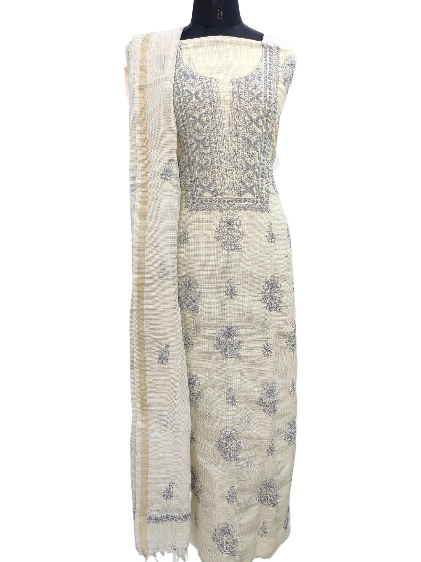 Shyamal Chikan Hand Embroidered Fawn Tissue Kota Cotton Lucknowi Chikankari Unstitched Suit Piece ( Set of 2 ) - S20798