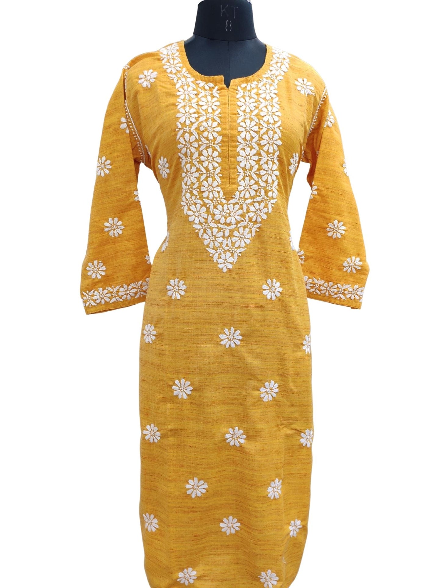 Shyamal Chikan Hand Embroidered Yellow Khadi Cotton Lucknowi Chikankari Kurti- S21108