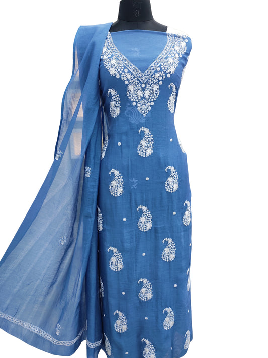 Shyamal Chikan Hand Embroidered Peacock Blue Mul Chanderi Lucknowi Chikankari Unstitched Suit Piece (Kurta Dupatta Set) - S22860