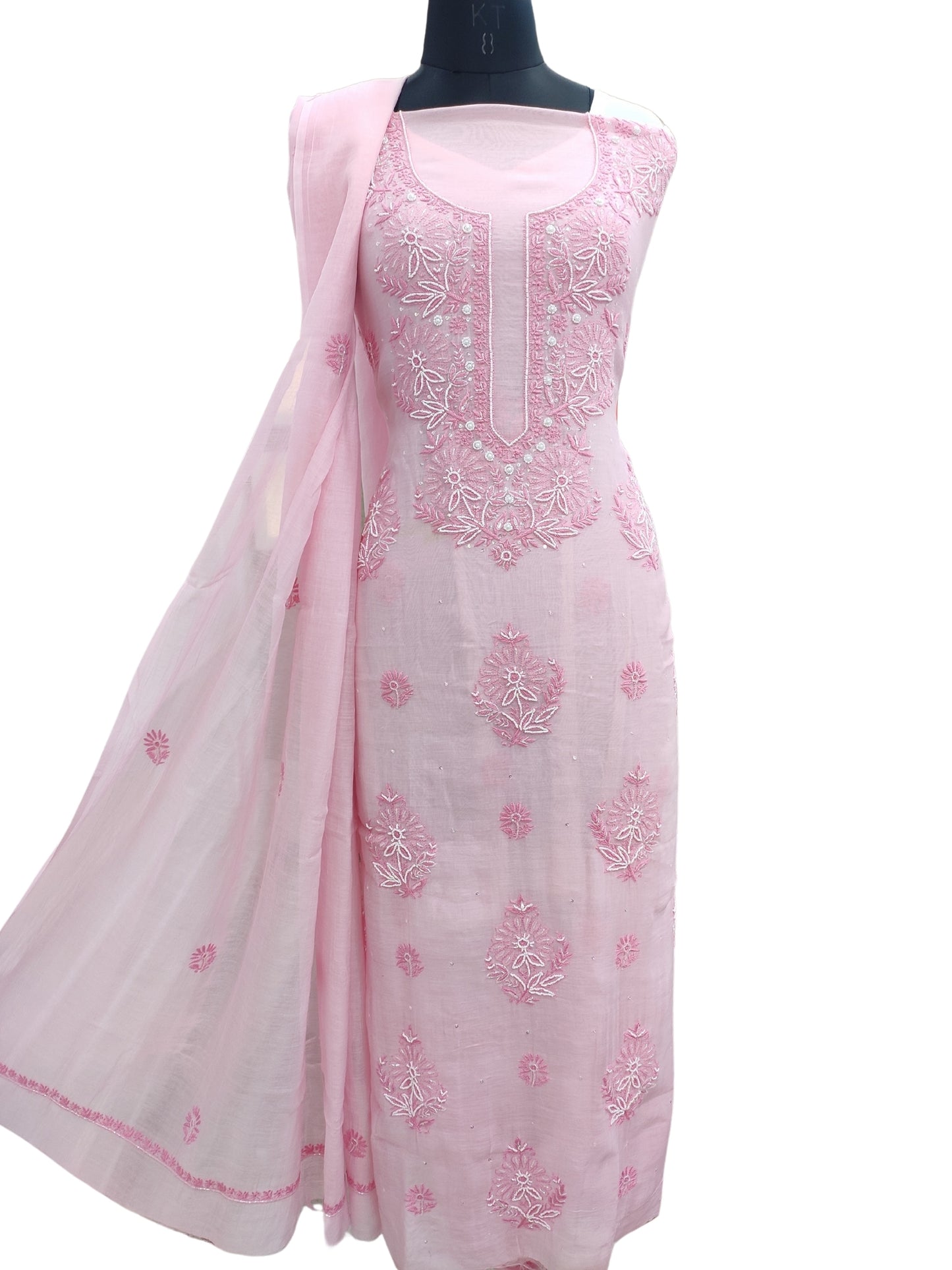 Shyamal Chikan Hand Embroidered Pink Mul Chanderi Lucknowi Chikankari Unstitched Suit Piece with Cutdana & Sequin Work (Kurta Dupatta Set) - S22876