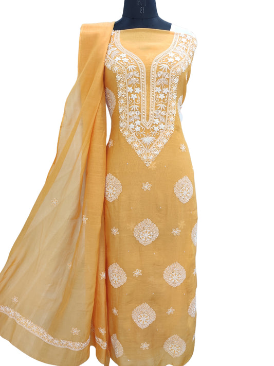 Shyamal Chikan Hand Embroidered Golden Yellow Mul Chanderi Lucknowi Chikankari Unstitched Suit Piece with Cutdana & Sequin Work (Kurta Dupatta Set) - S24433