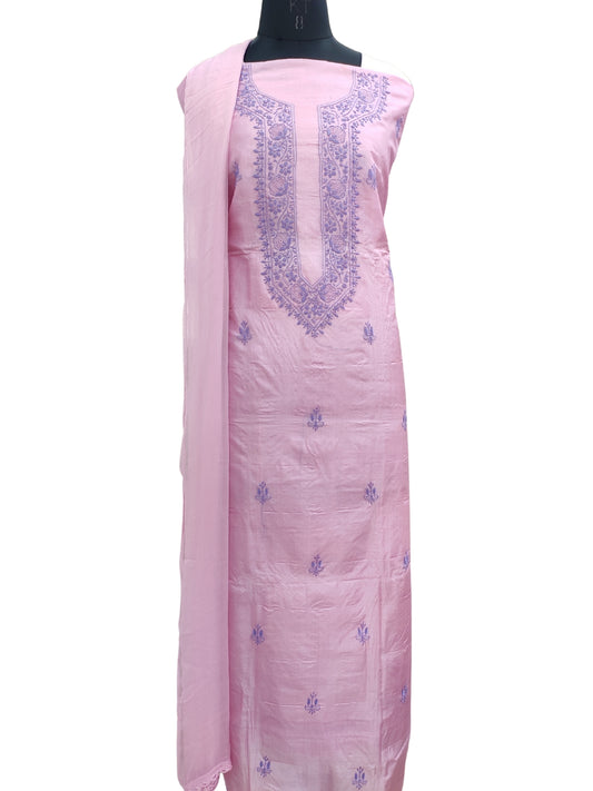 Shyamal Chikan Hand Embroidered Pink Pure Tusser Silk Lucknowi Chikankari Unstitched Suit Piece (Kurta Dupatta Set) - S24547