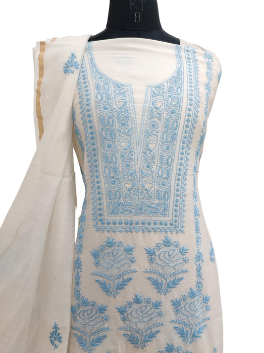 Shyamal Chikan Hand Embroidered White Chanderi Silk Lucknowi Chikankari Unstitched Suit Piece ( Kurta Dupatta Set) - S20706