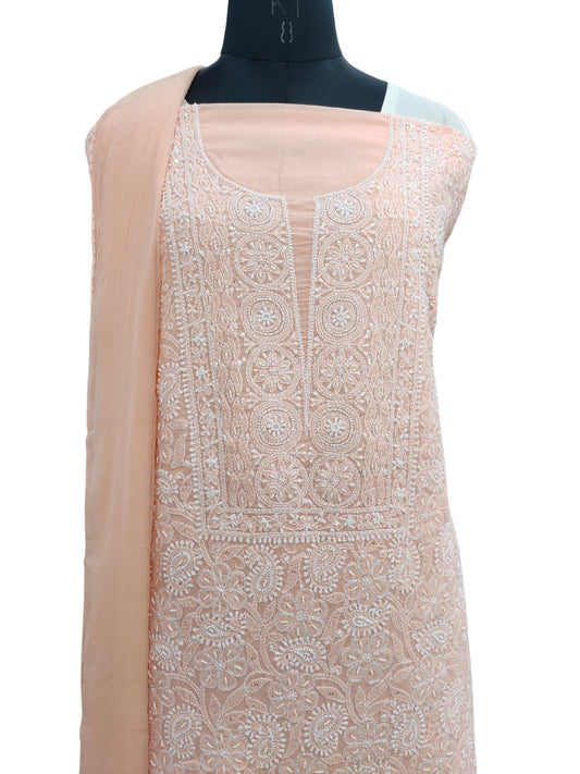 Shyamal Chikan Hand Embroidered Peach Cotton Lucknowi Chikankari Unstitched Suit Piece With Pearl Sequin & Cutdana Work - S24319