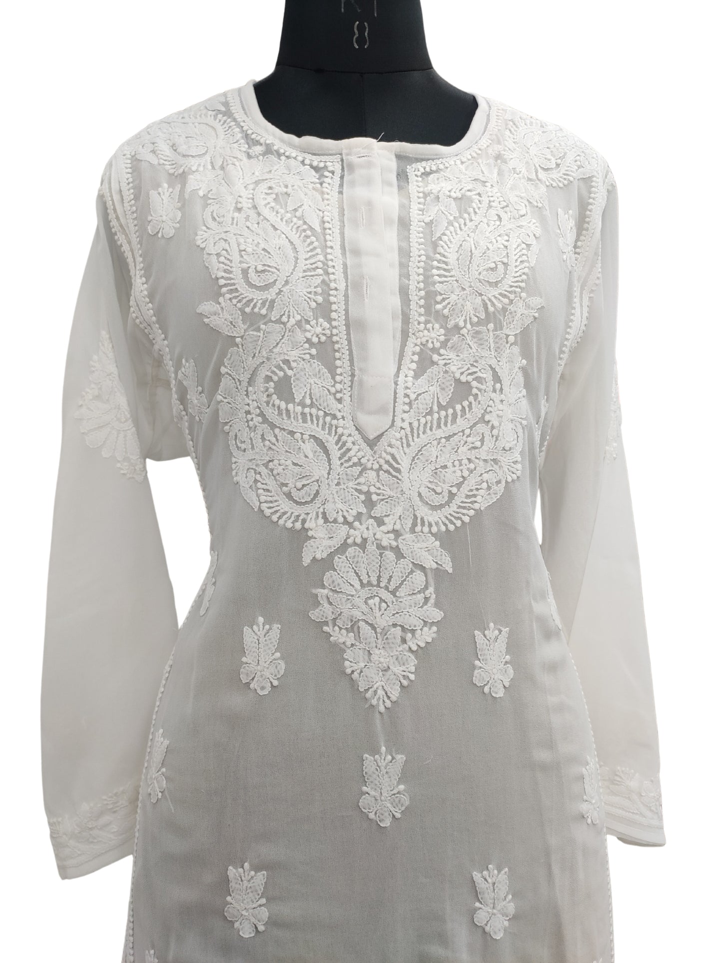 Buy ADA Hand Embroidered White Georgette Lucknow Chikan Kurti (XS)  (A911125) online