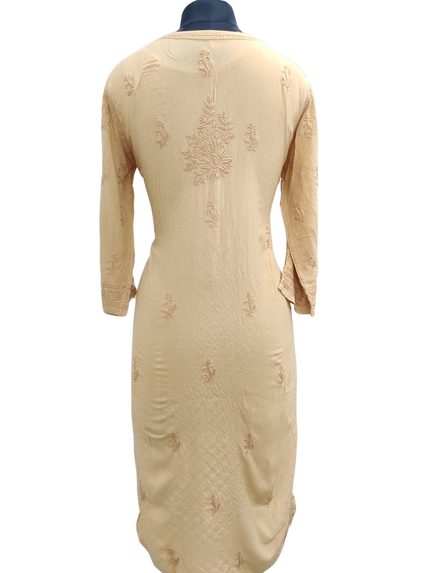 Shyamal Chikan Hand Embroidered Beige Rayon Cotton Lucknowi Chikankari Kurti- S23512