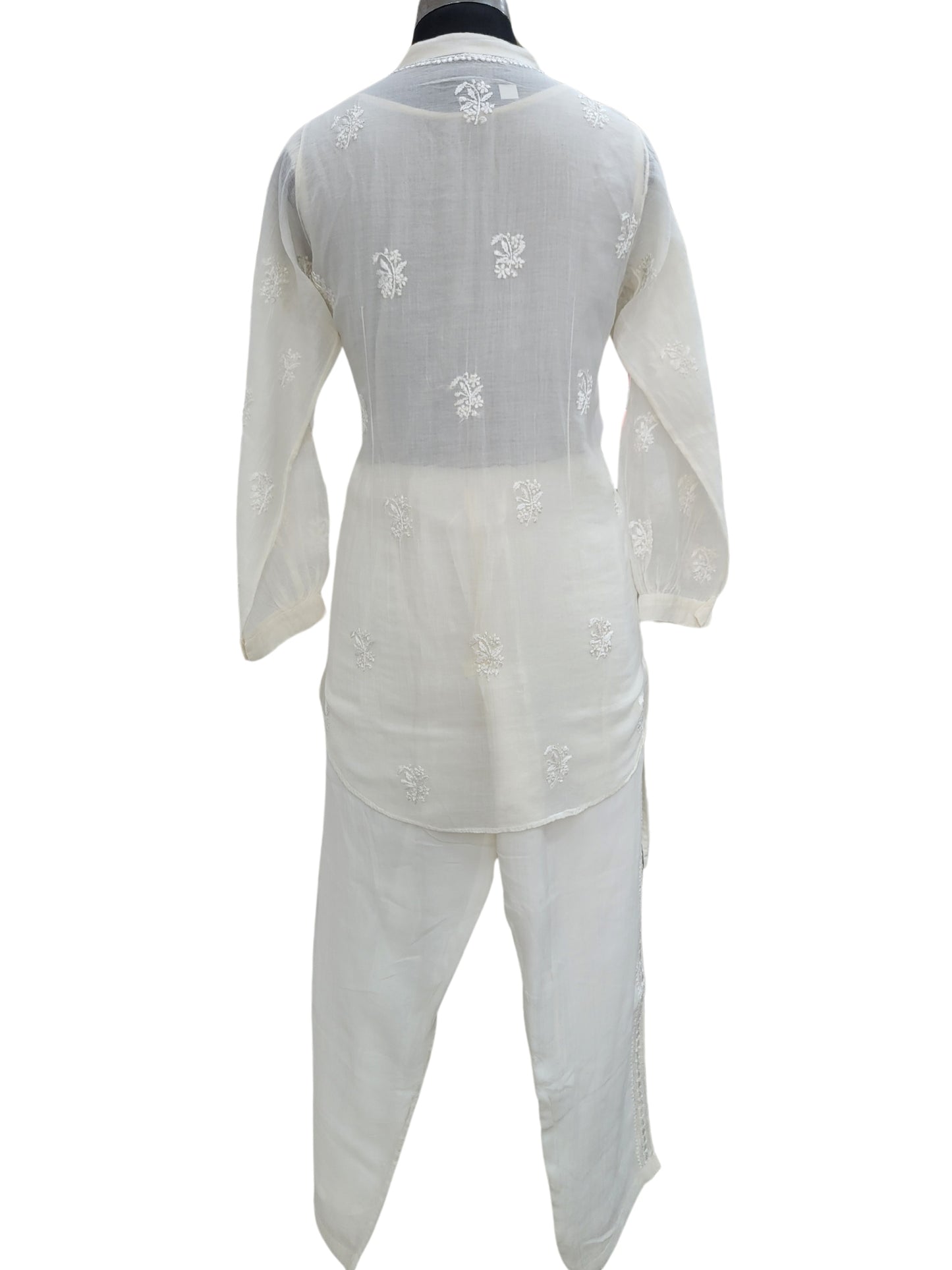 Shyamal Chikan Hand Embroidered White Mul Chanderi Lucknowi Chikankari Shirt and Pant Set - S24249