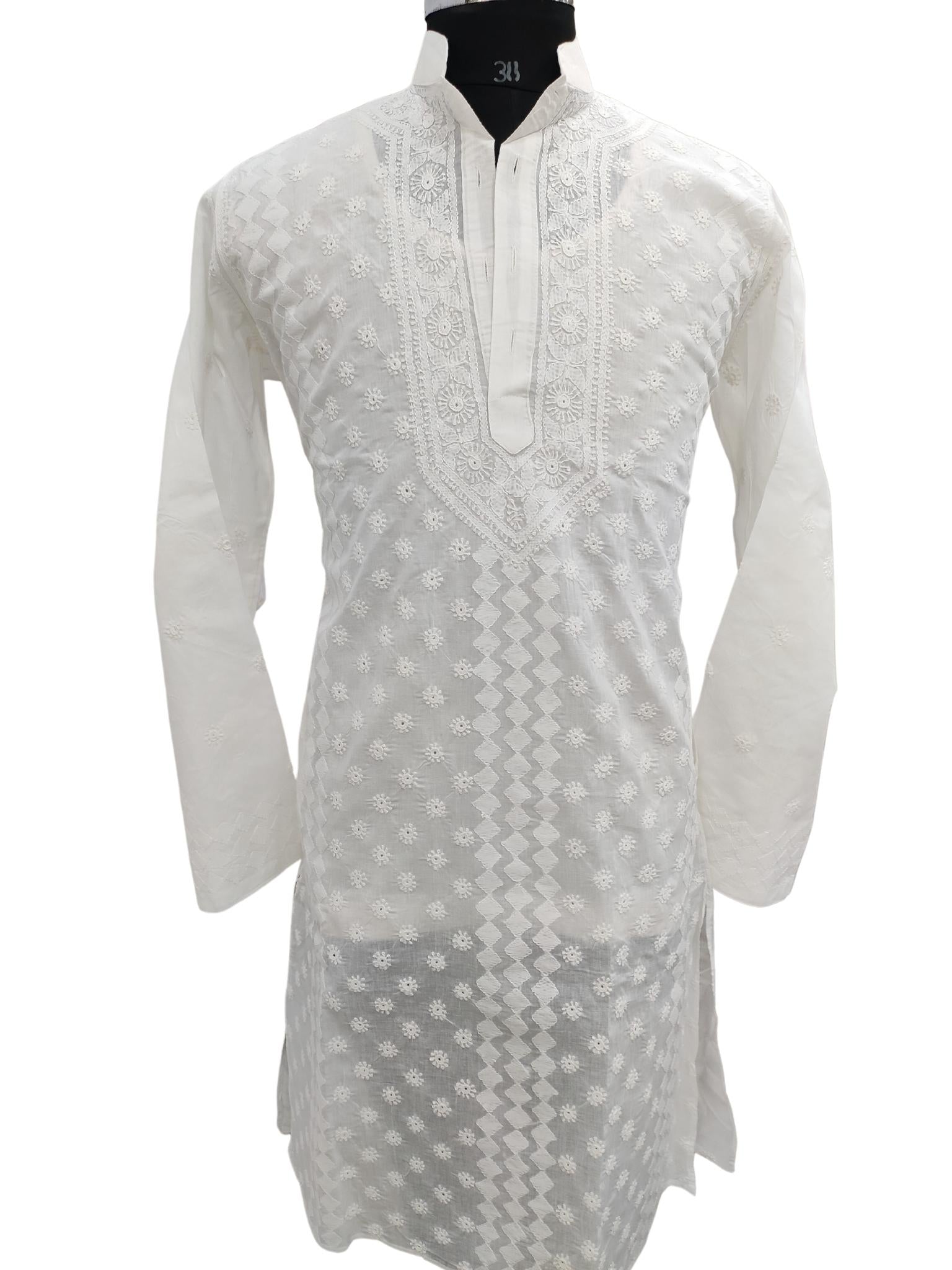 Shyamal Chikan Hand Embroidered White Cotton Lucknowi Chikankari Men's Kurta – S20125