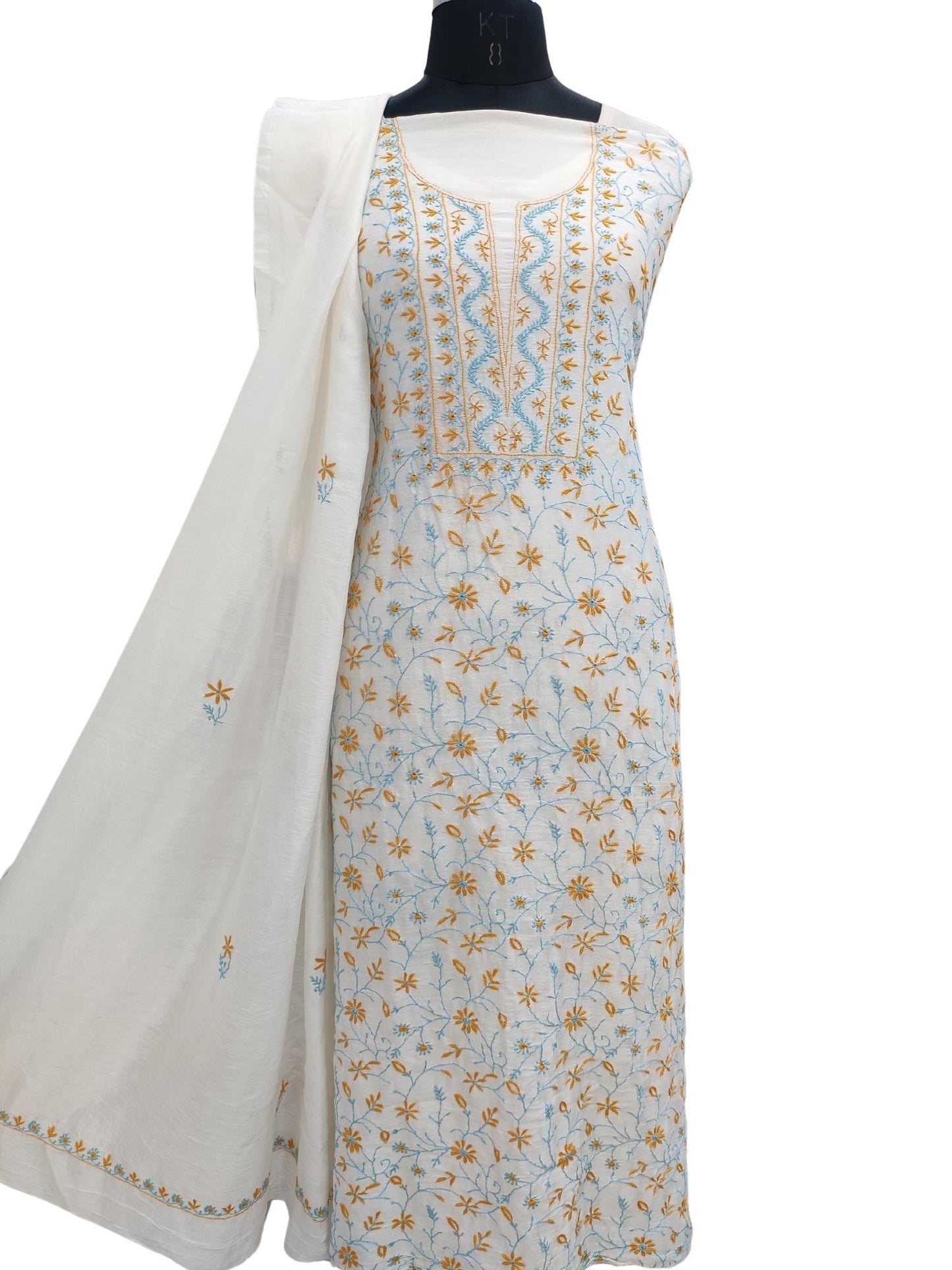 Shyamal Chikan Hand Embroidered White Chanderi Silk Lucknowi Chikankari Unstitched Suit Piece ( Set of 2 ) - S20925