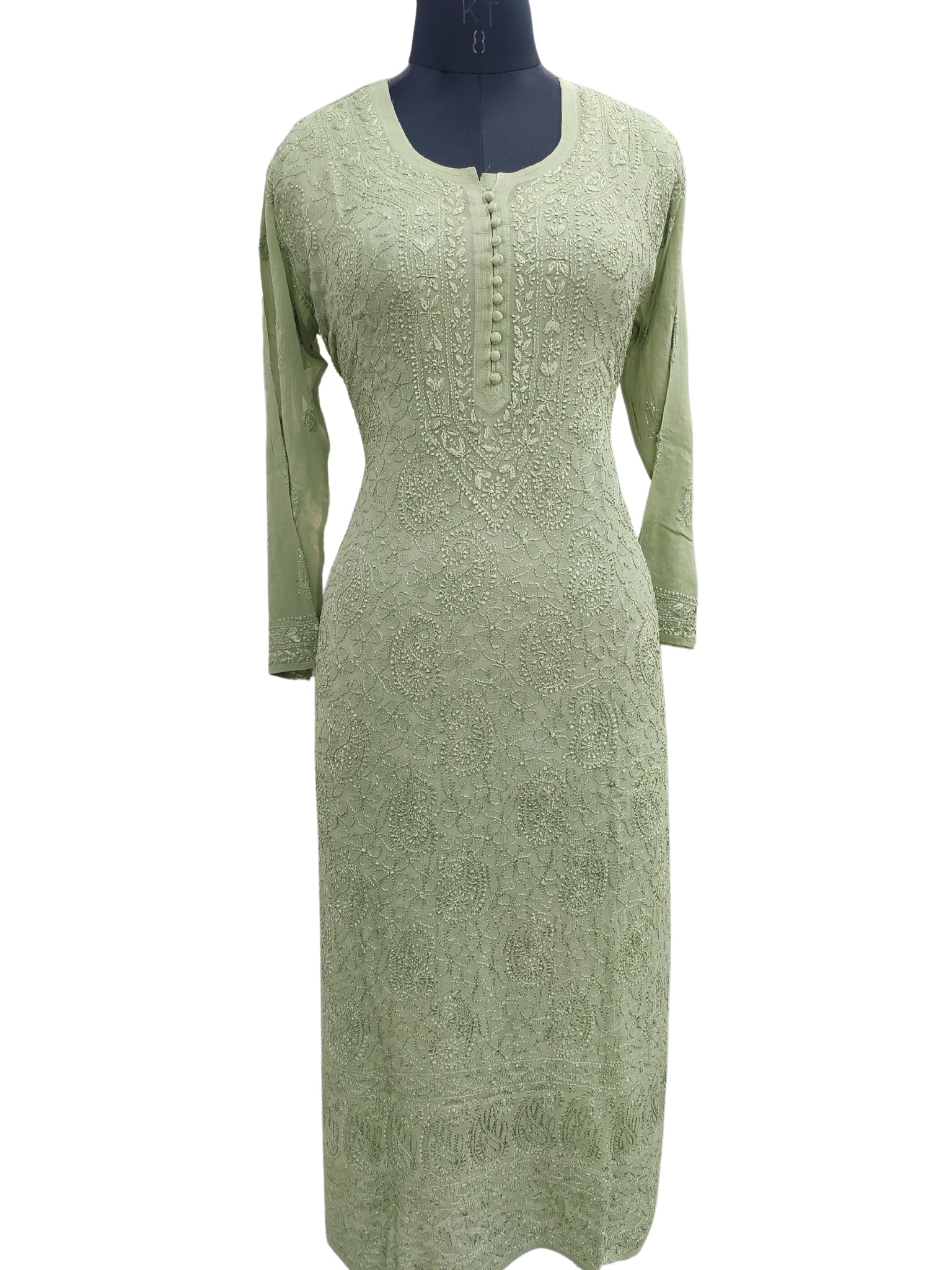 Shyamal Chikan Hand Embroidered Green Viscose Georgette Lucknowi Chikankari Kurti - S23027